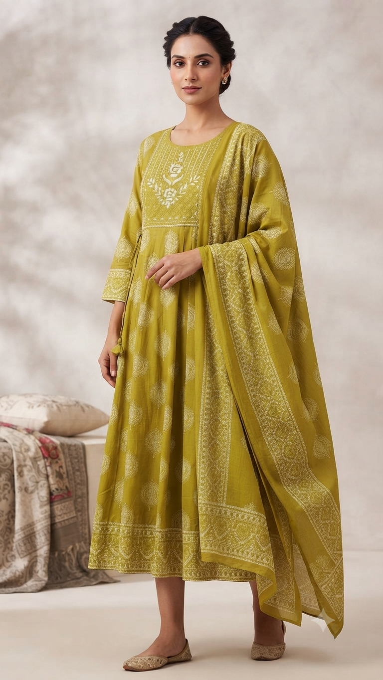 Elegant Mustard Yellow Printed Cotton Top & Dupatta Set with Adjustable Waist Tie