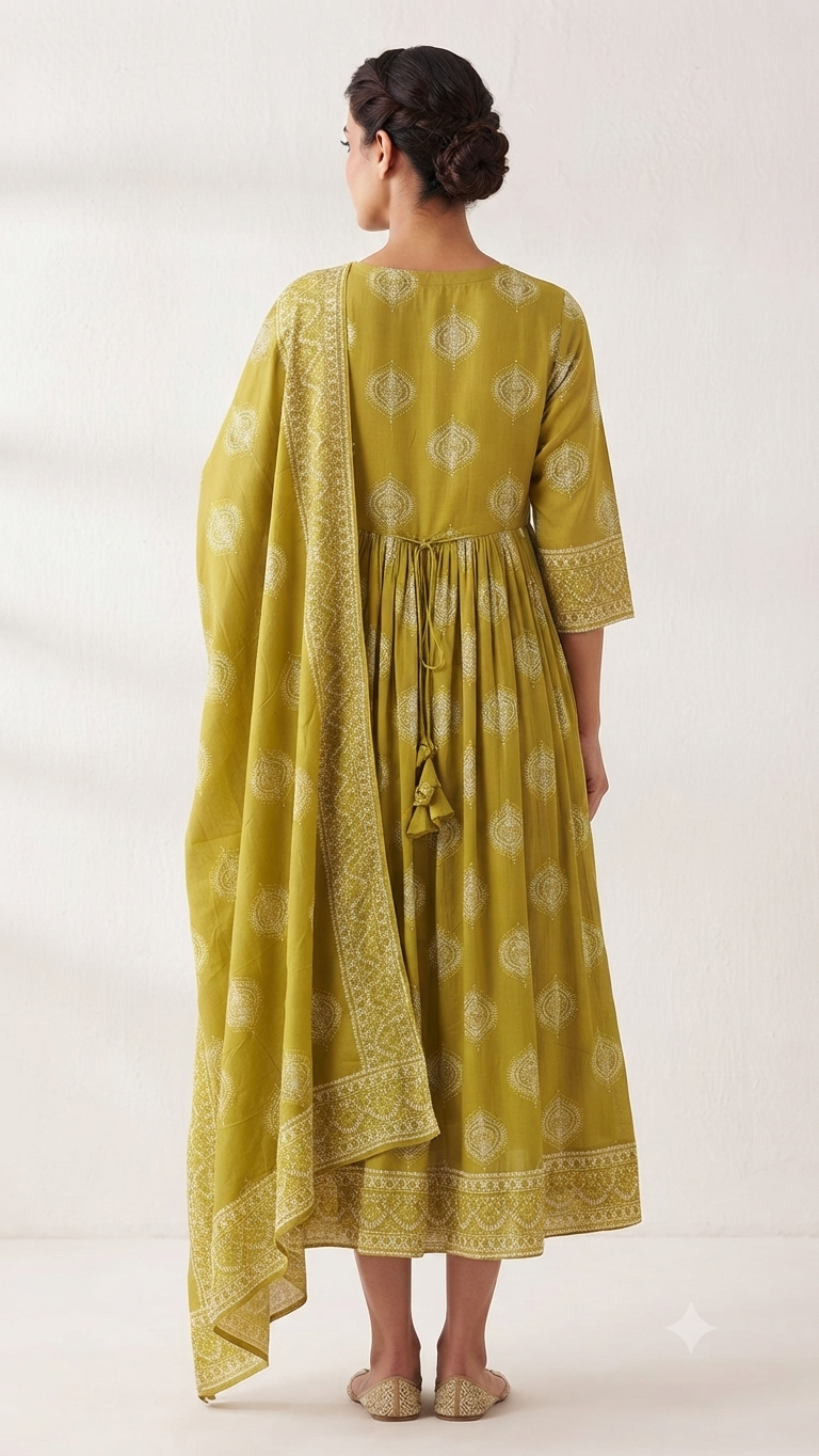 Elegant Mustard Yellow Printed Cotton Top & Dupatta Set with Adjustable Waist Tie
