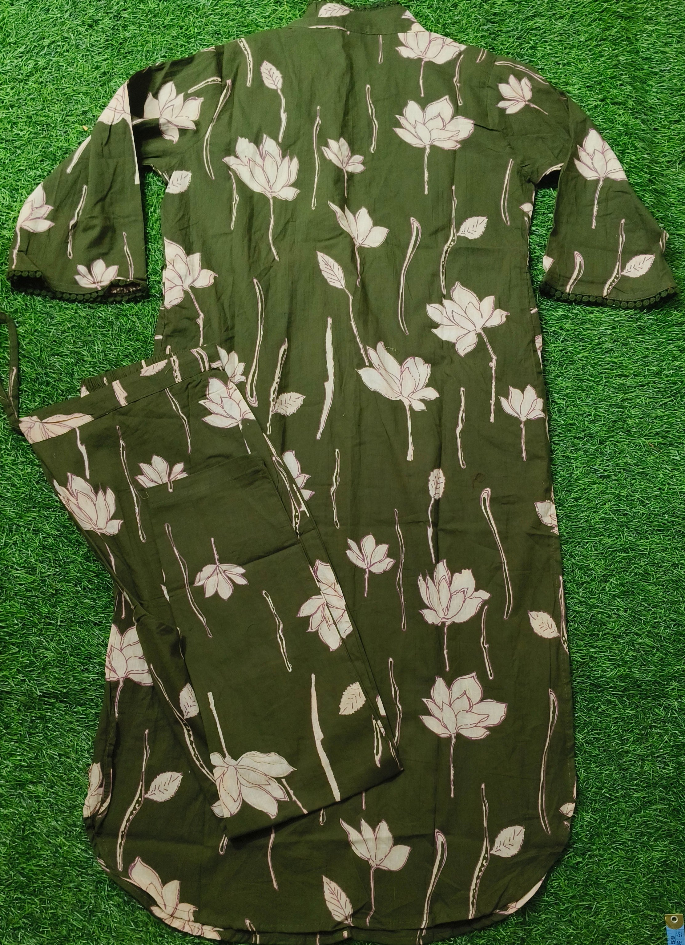 Elegant Olive Green Floral Print Cotton 2-Piece Kurti Set