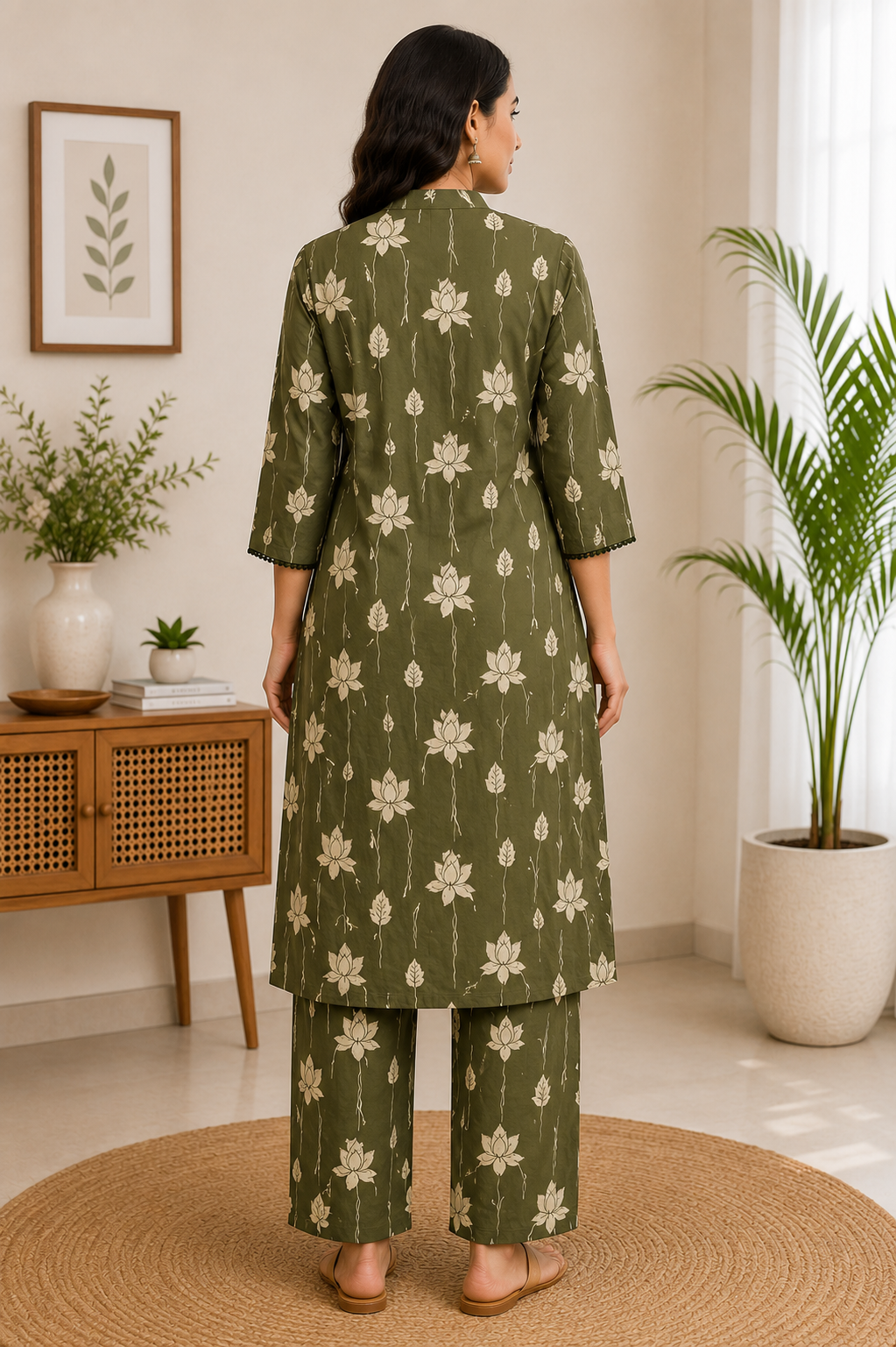 Elegant Olive Green Floral Print Cotton 2-Piece Kurti Set