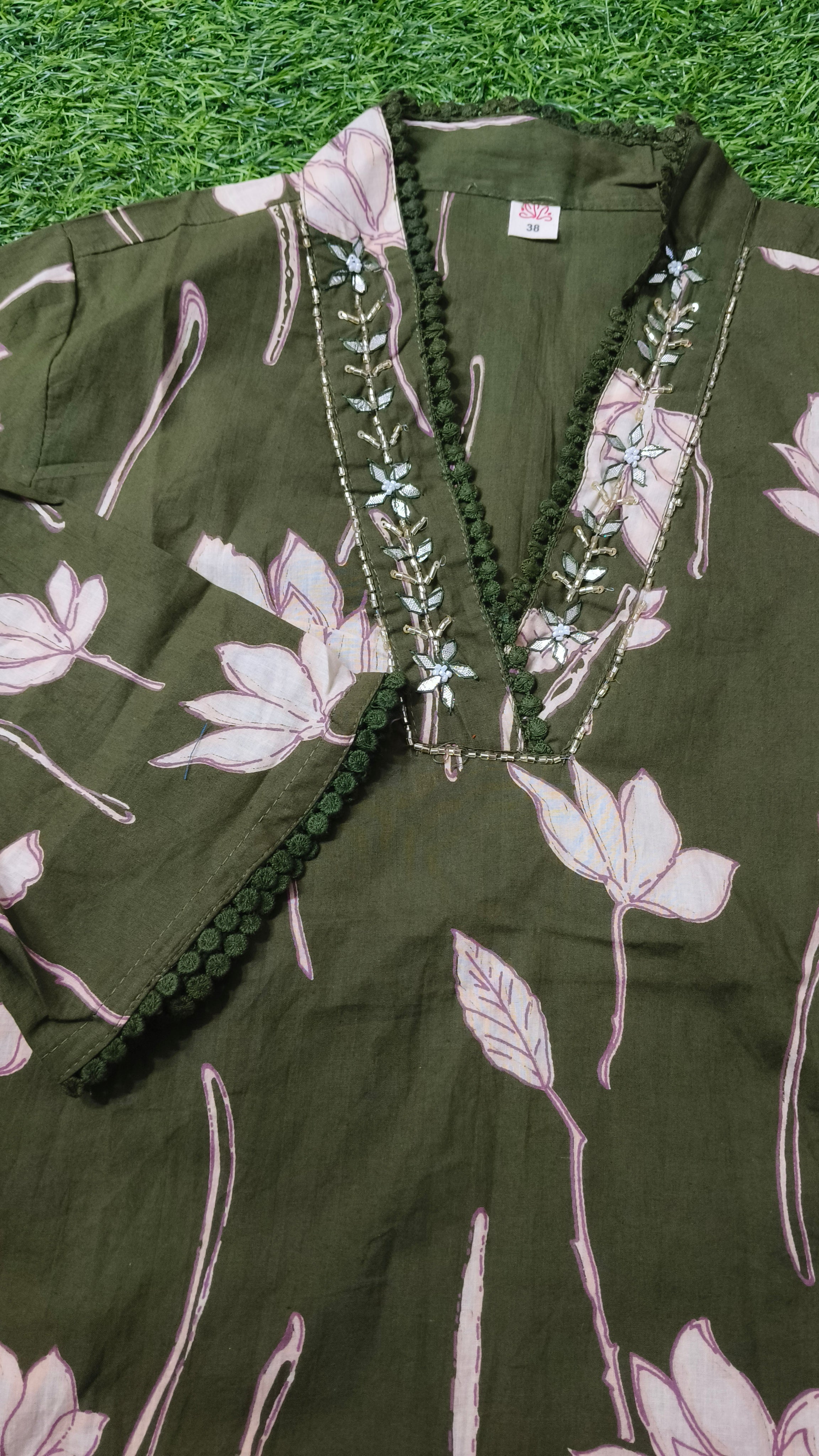 Elegant Olive Green Floral Print Cotton 2-Piece Kurti Set