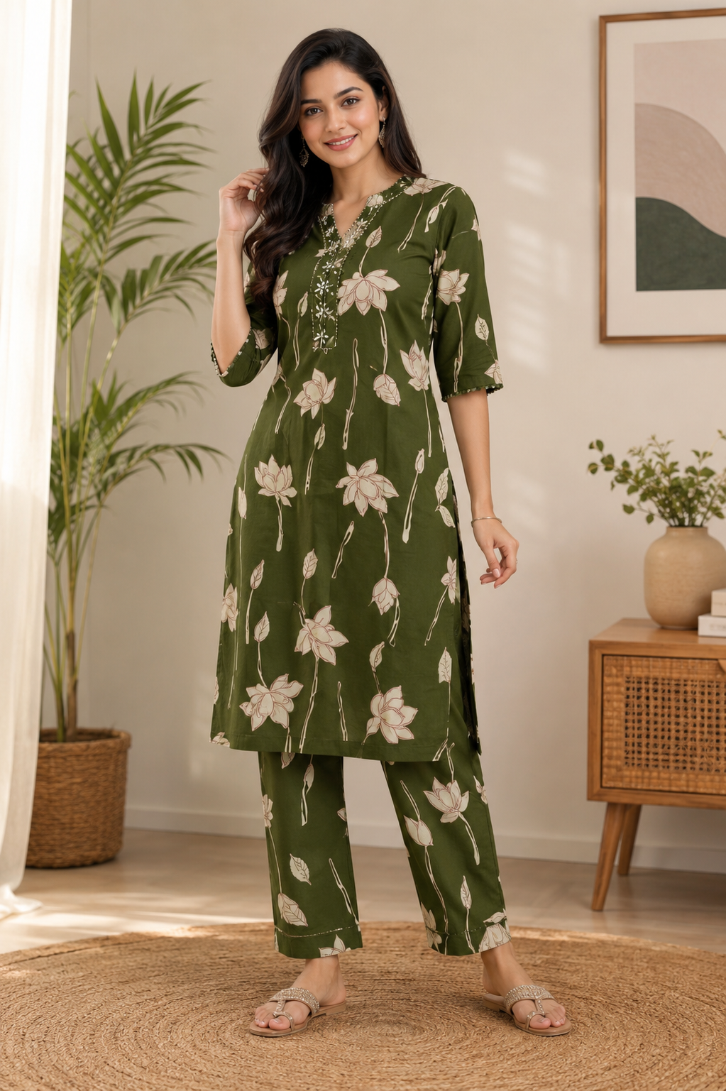 Elegant Olive Green Floral Print Cotton 2-Piece Kurti Set