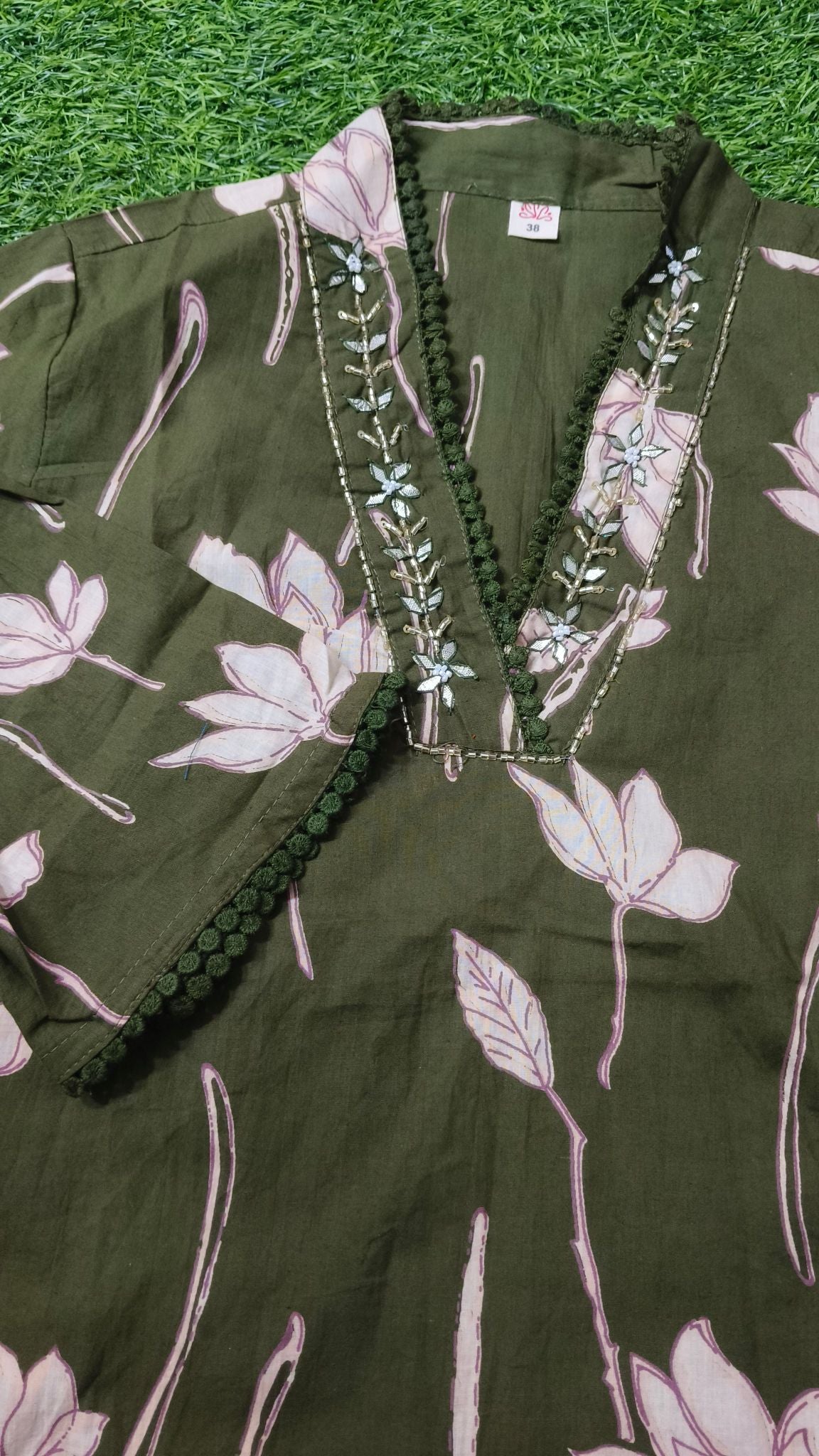 Elegant Olive Green Floral Print Cotton 2-Piece Kurti Set