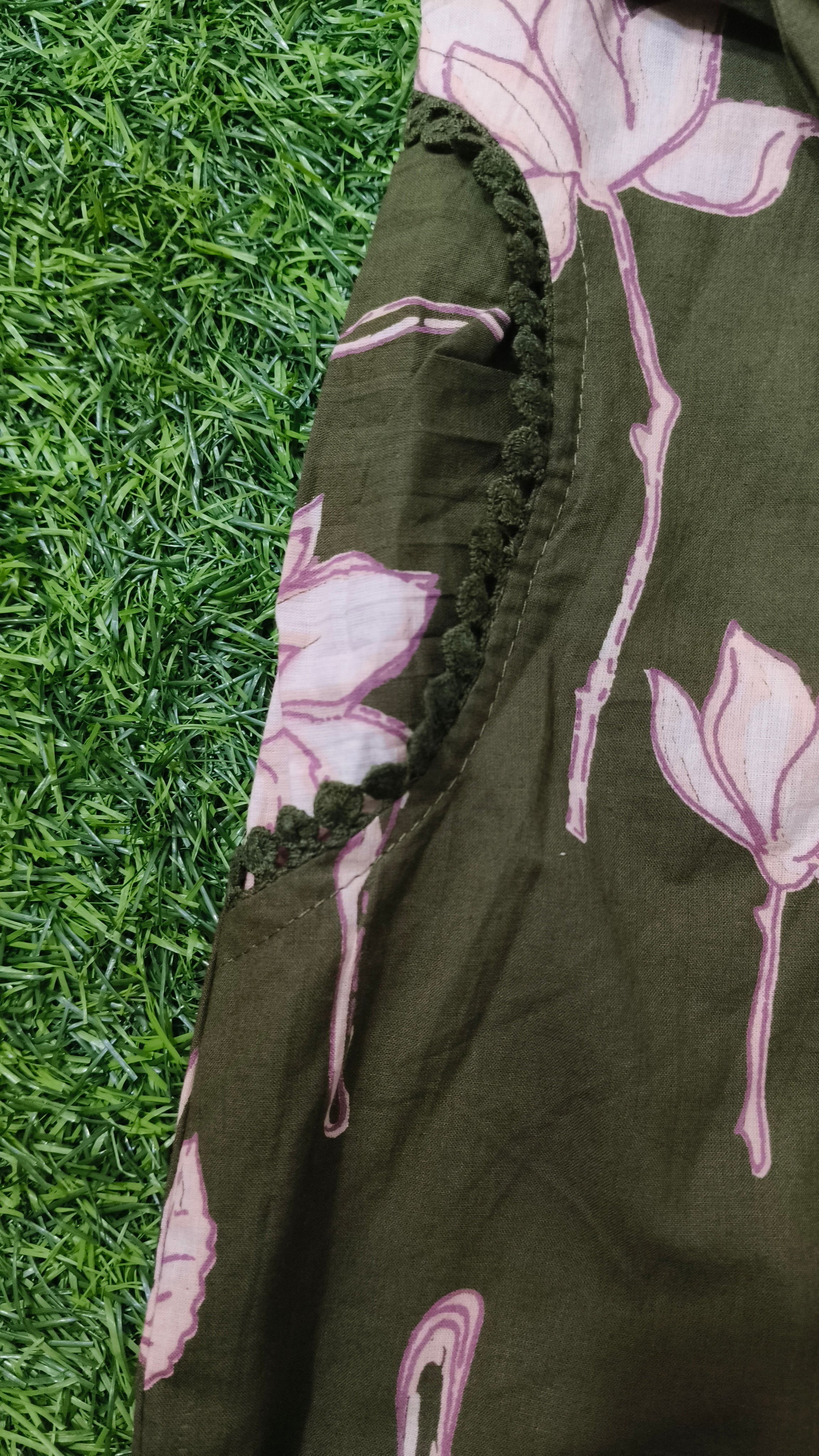 Elegant Olive Green Floral Print Cotton 2-Piece Kurti Set