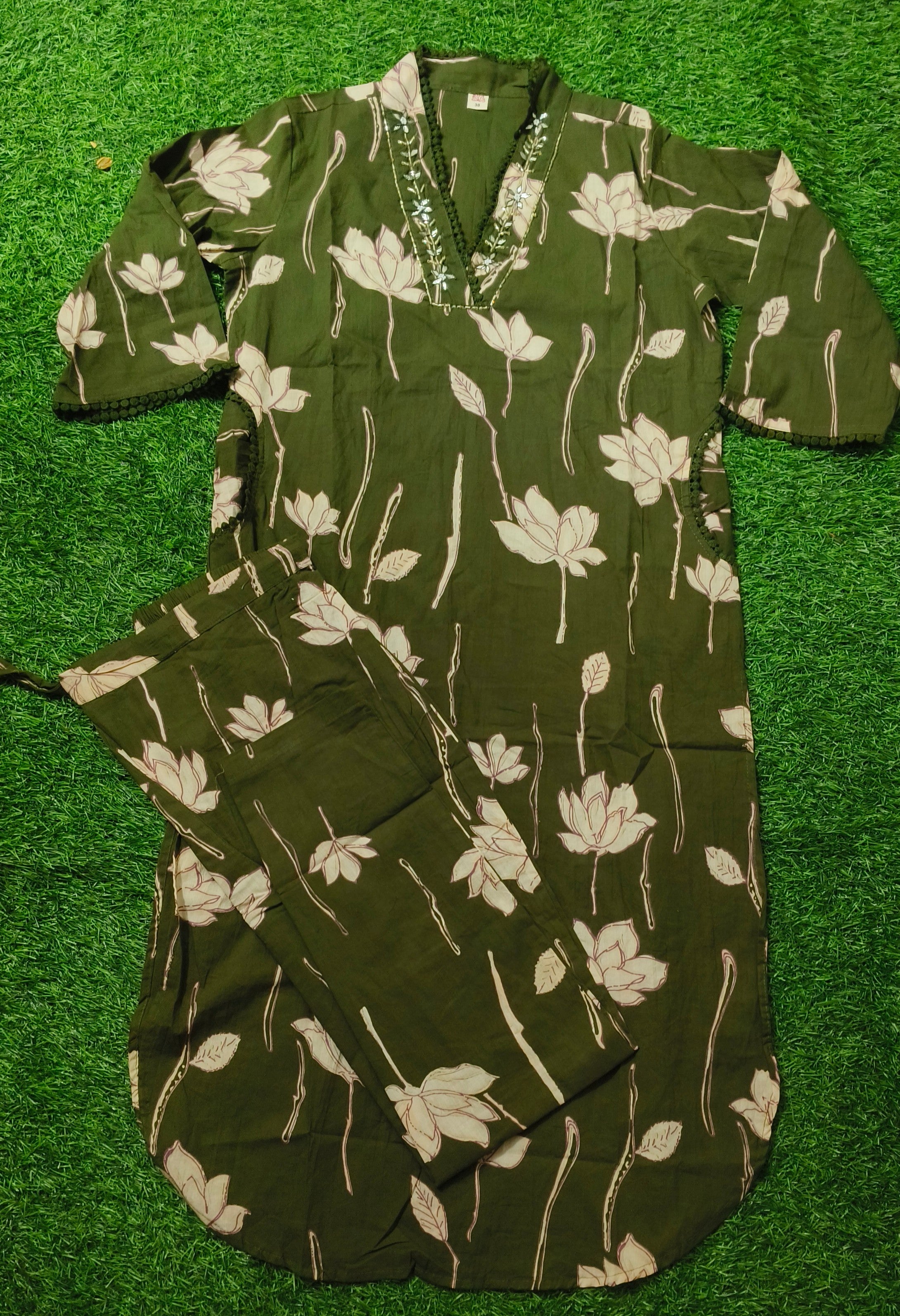 Elegant Olive Green Floral Print Cotton 2-Piece Kurti Set