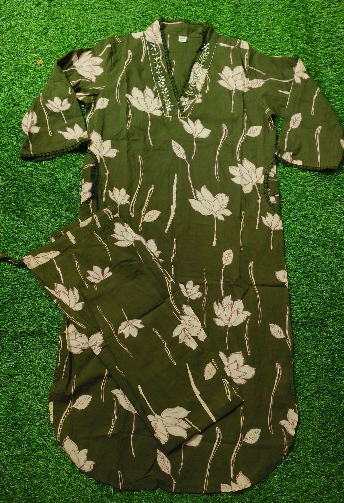 Elegant Olive Green Floral Print Cotton 2-Piece Kurti Set