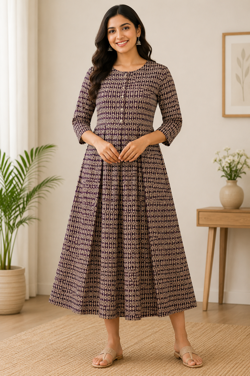 Elegant Plum Geometric Print Single Piece Kurti with Front Buttons