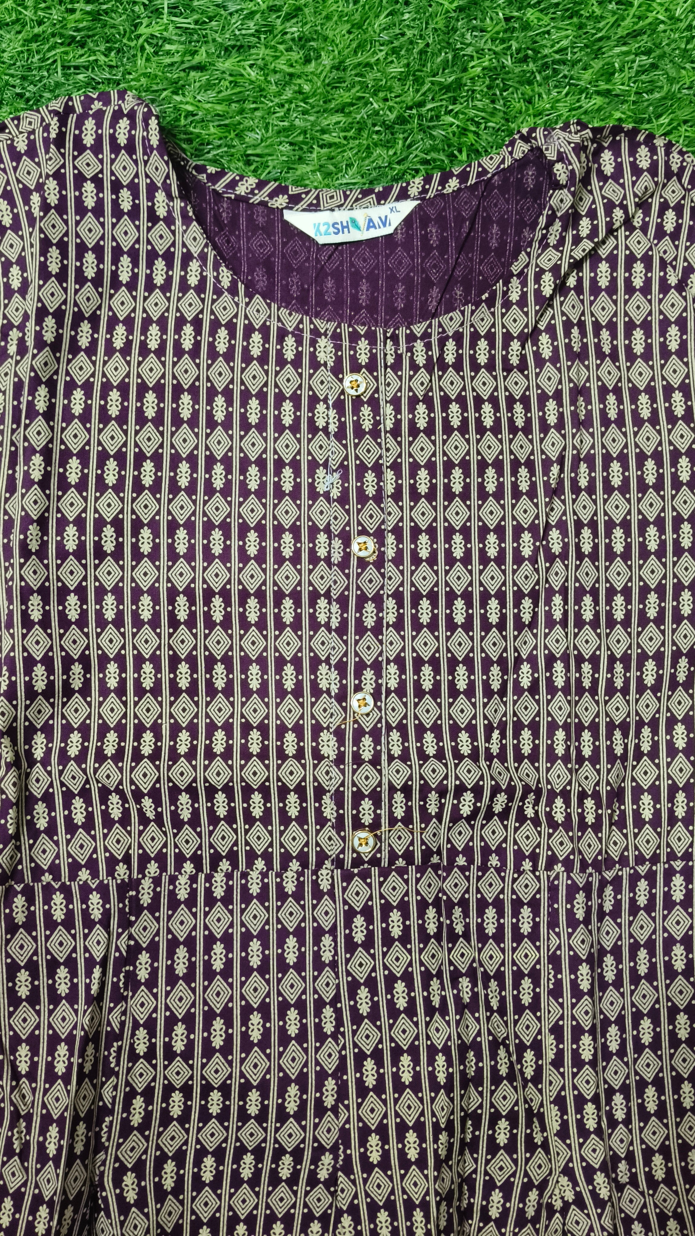Elegant Plum Geometric Print Single Piece Kurti with Front Buttons