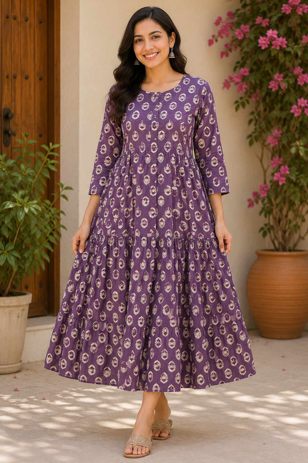 Elegant Plum Floral Print Single Piece Kurti with Front Buttons