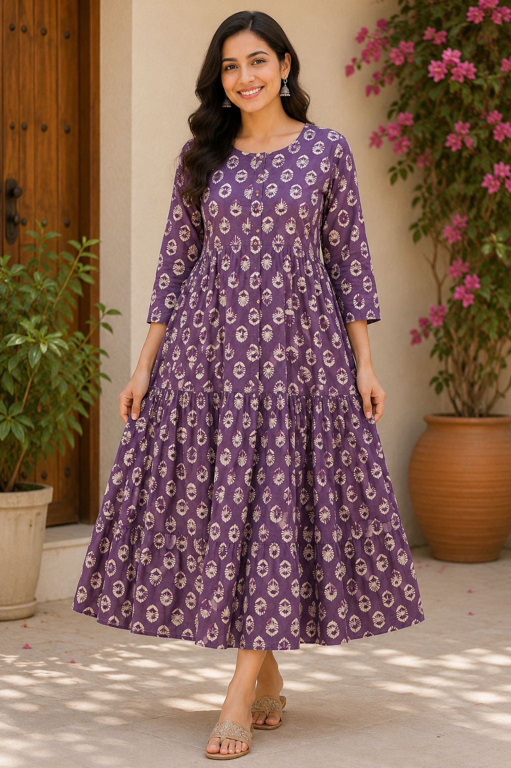Elegant Plum Floral Print Single Piece Kurti with Front Buttons