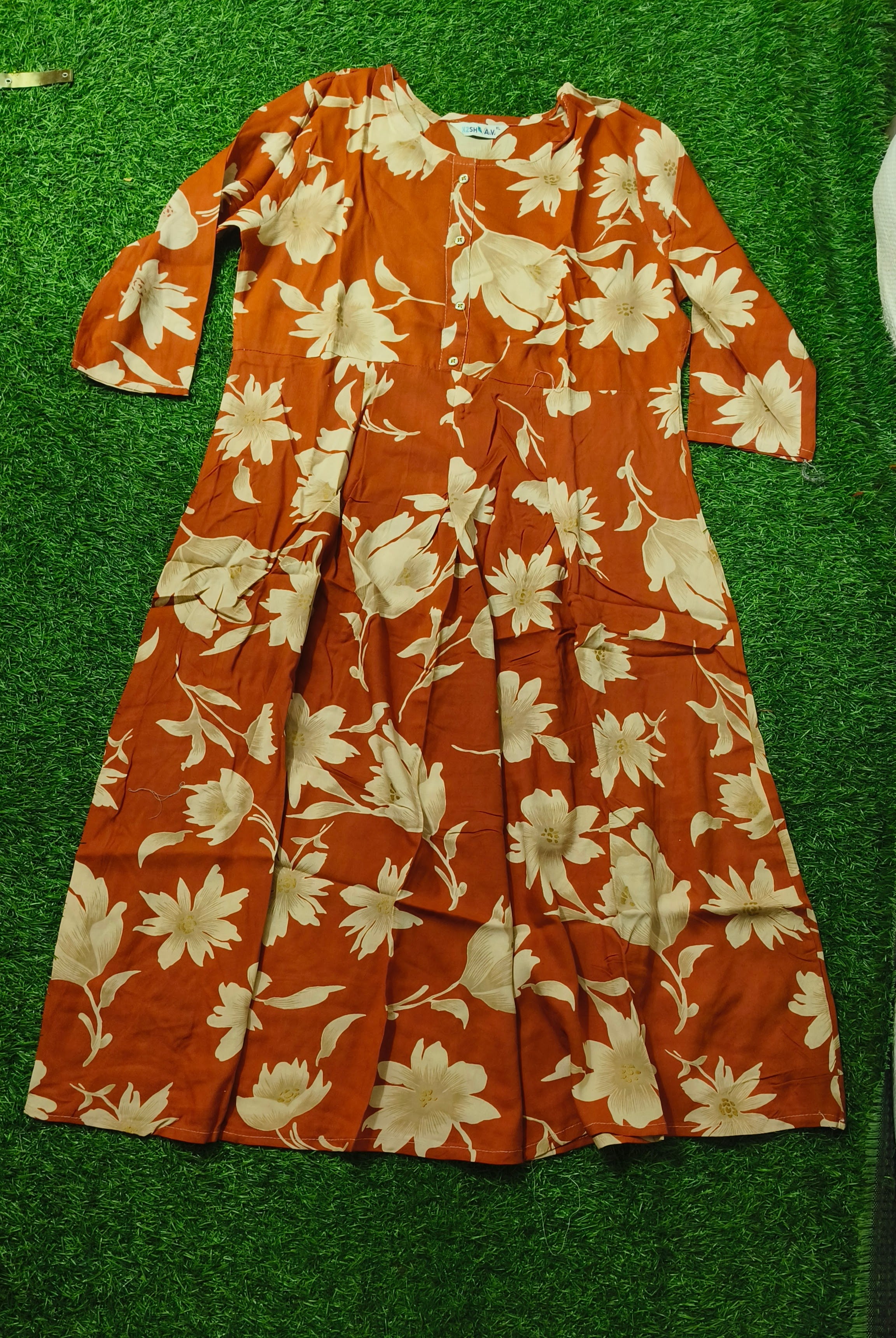 Elegant Rust Orange Floral Print Single Piece Kurti with Front Buttons
