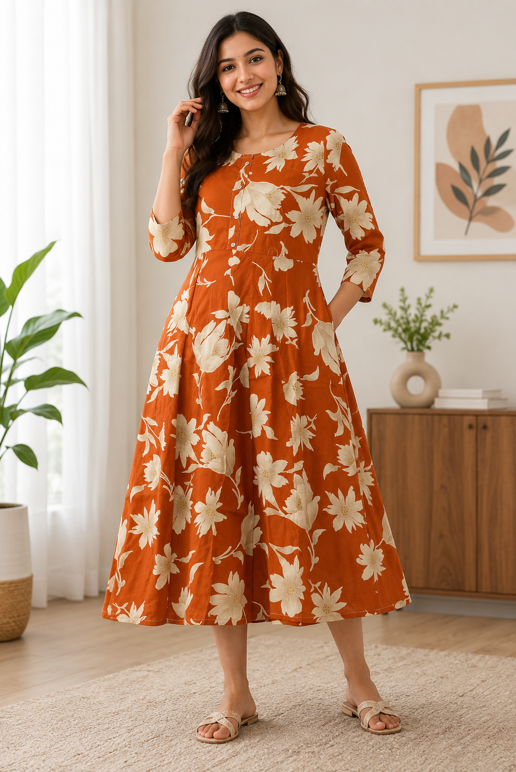 Elegant Rust Orange Floral Print Single Piece Kurti with Front Buttons