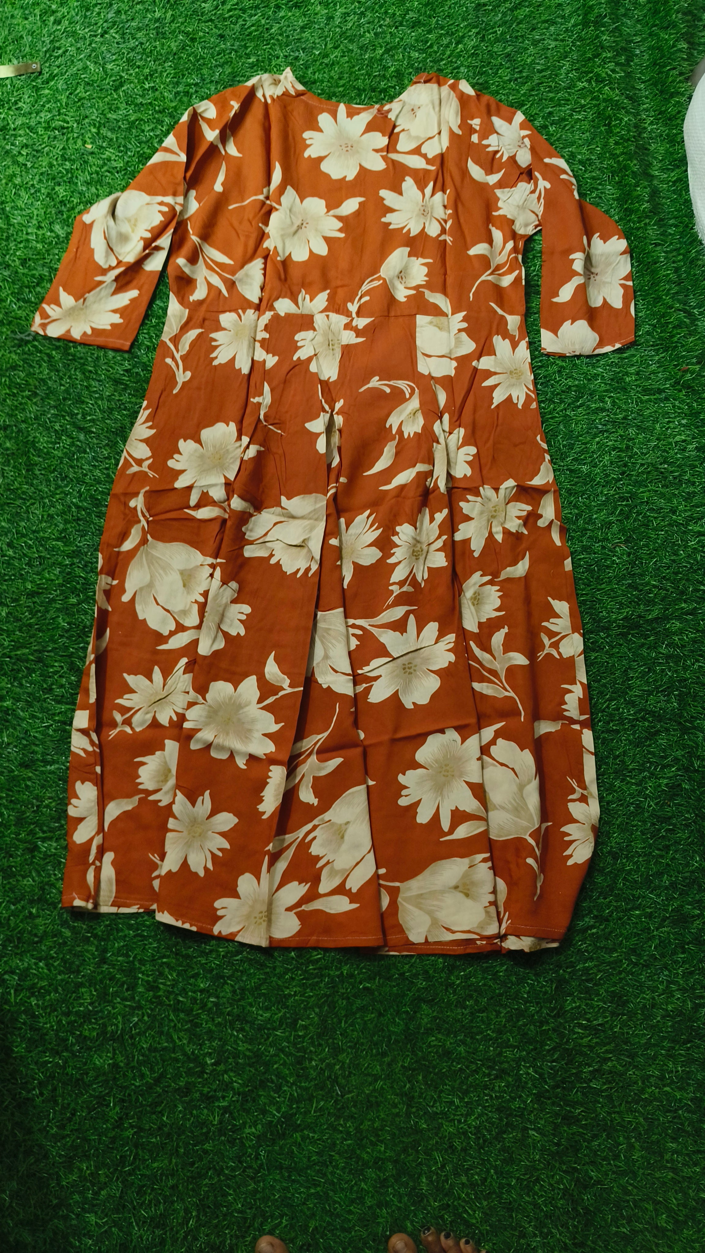 Elegant Rust Orange Floral Print Single Piece Kurti with Front Buttons