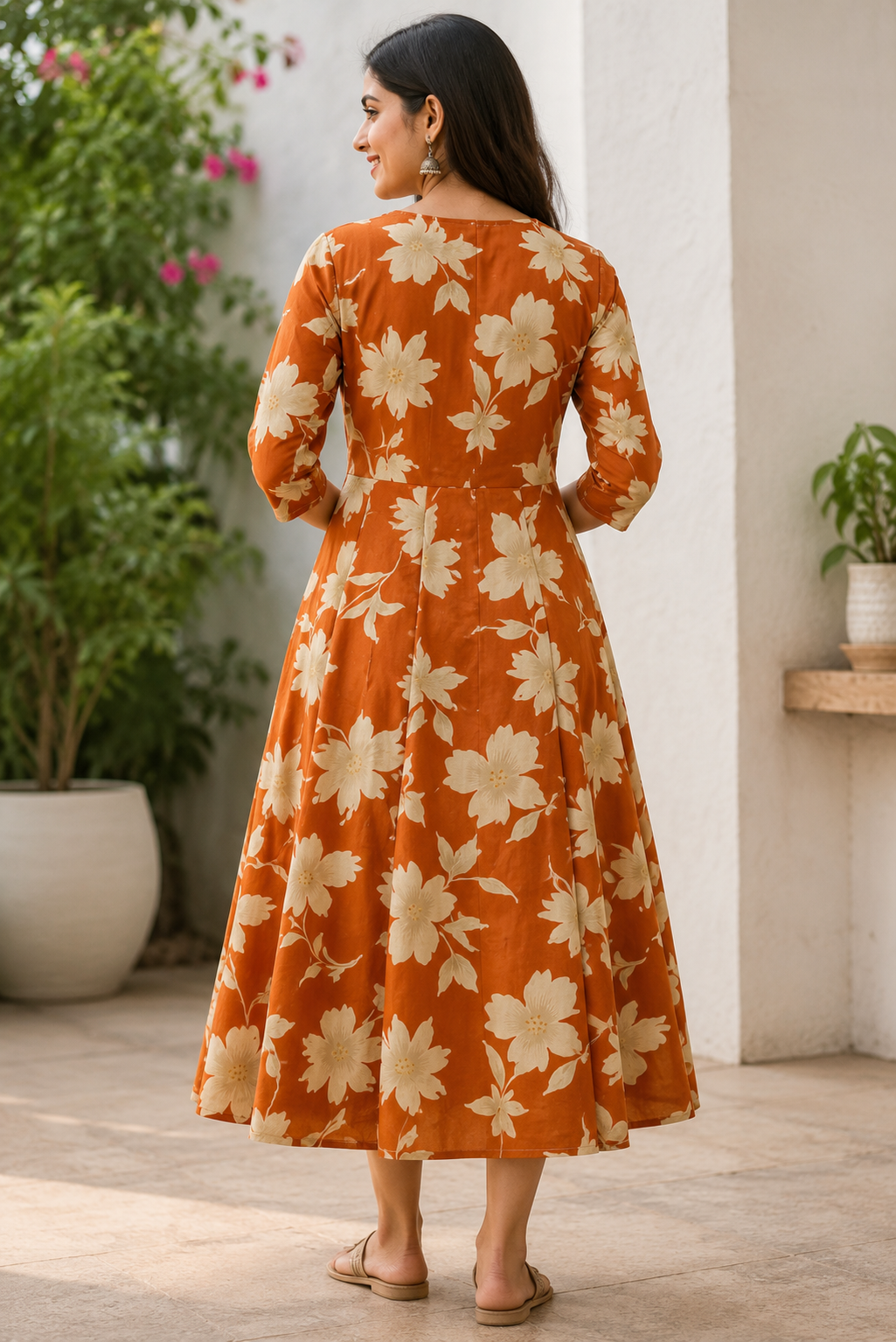 Elegant Rust Orange Floral Print Single Piece Kurti with Front Buttons