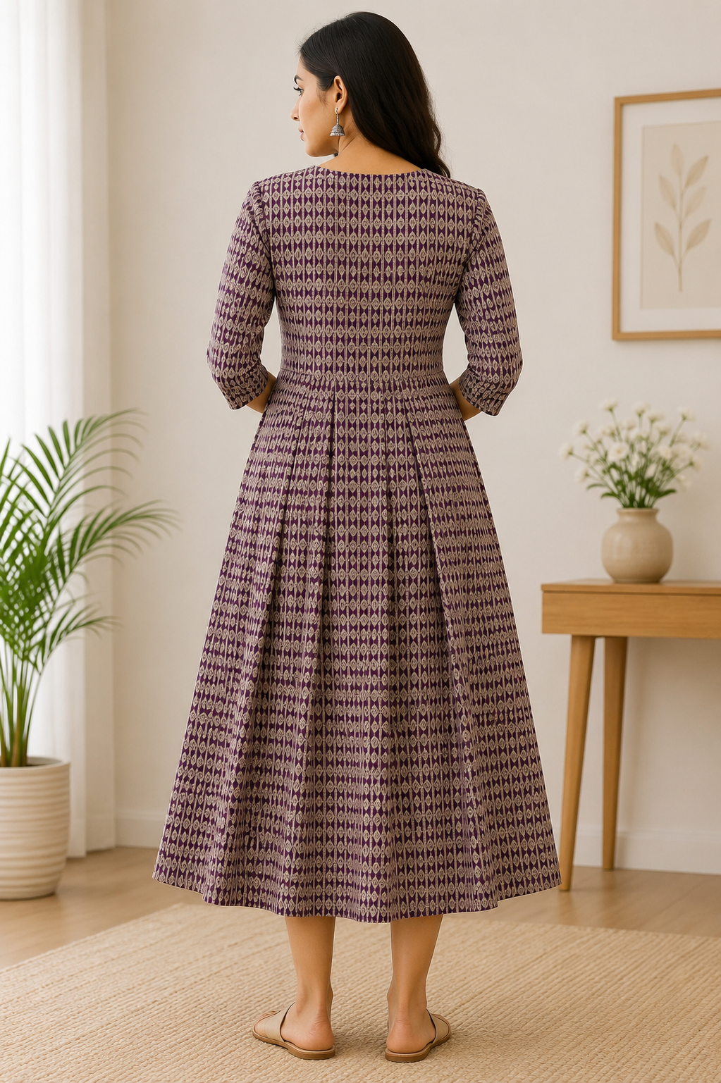 Elegant Plum Geometric Print Single Piece Kurti with Front Buttons