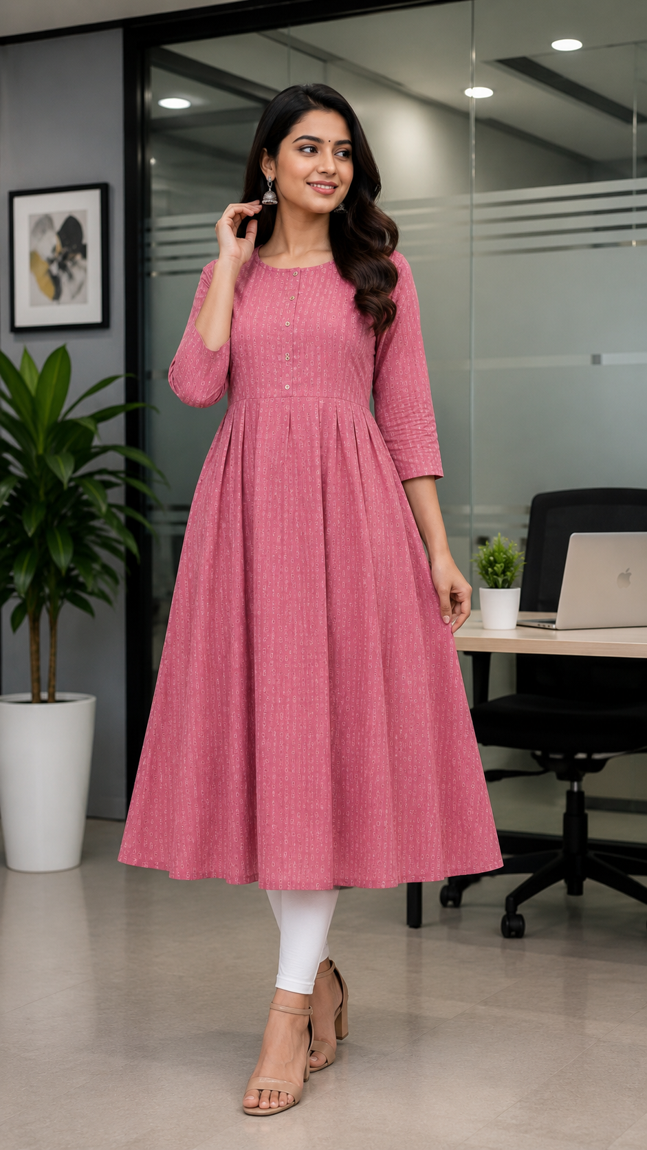 Elegant Pink Geometric Print Single Piece Kurti with Front Buttons