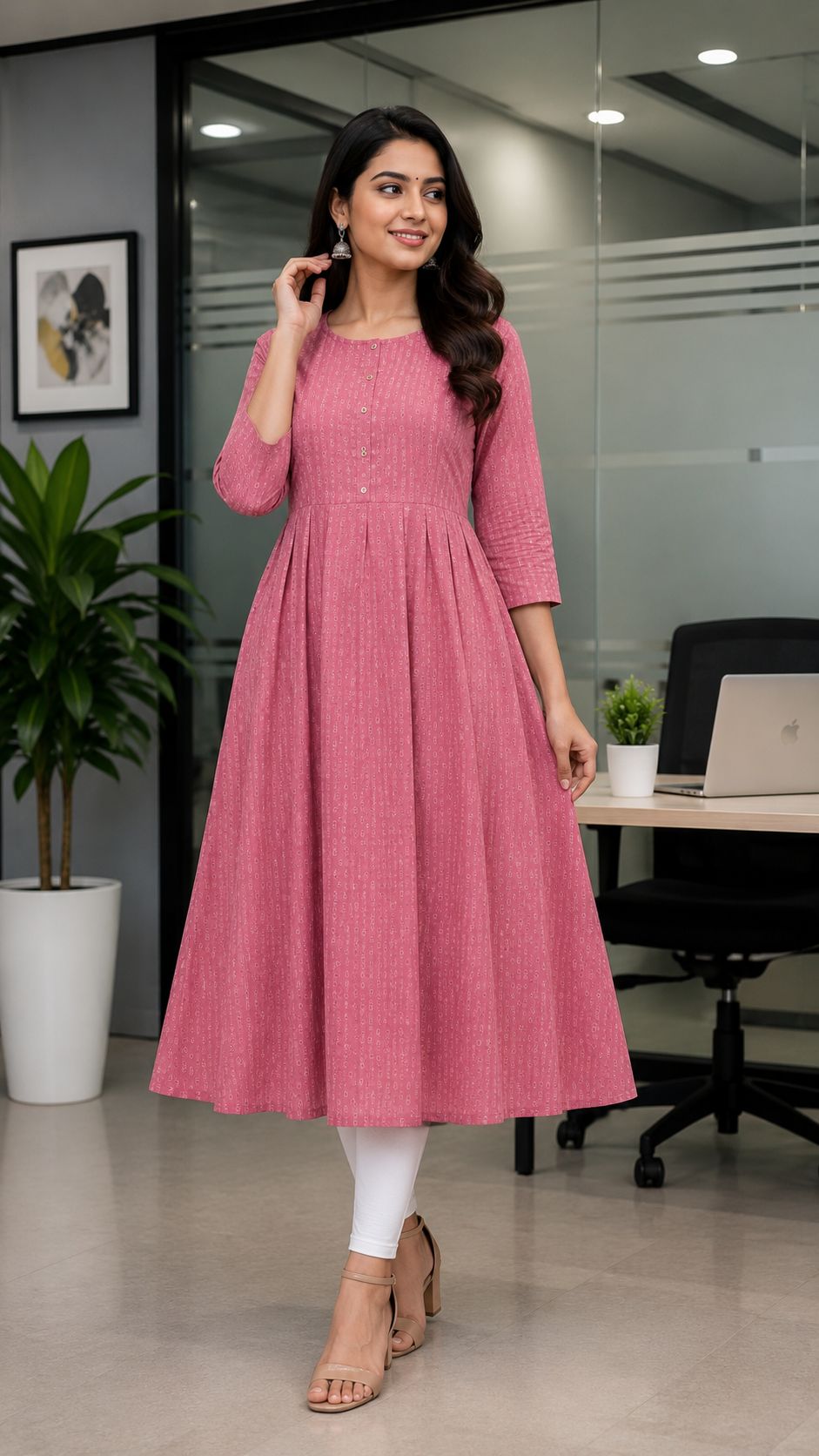 Elegant Pink Geometric Print Single Piece Kurti with Front Buttons