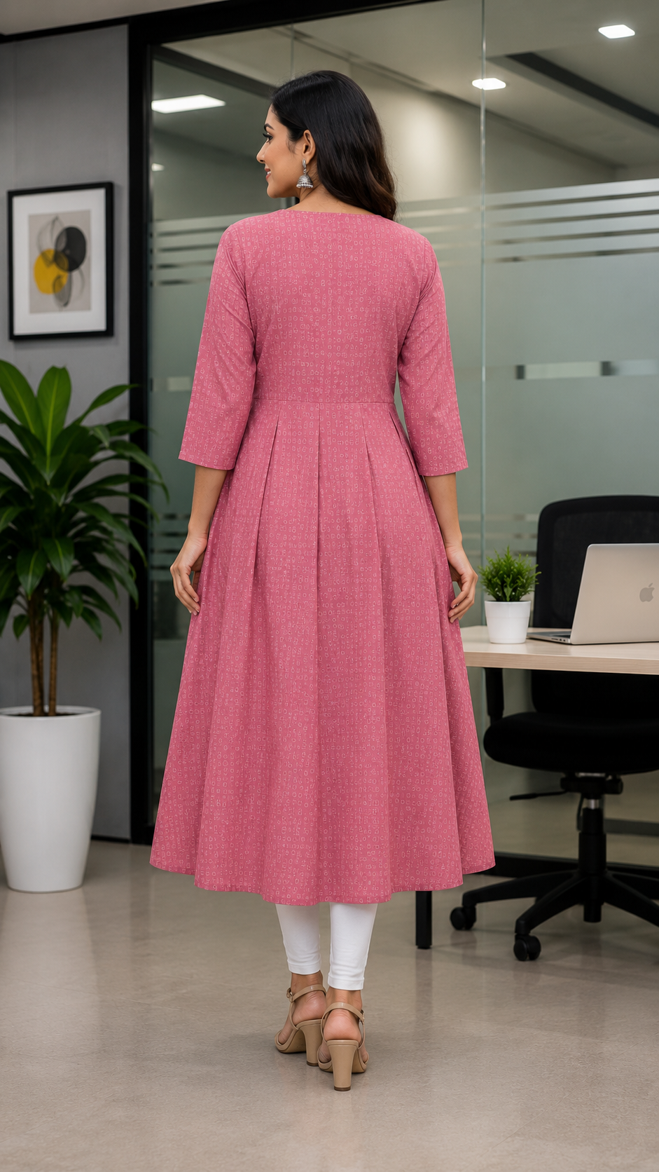Elegant Pink Geometric Print Single Piece Kurti with Front Buttons