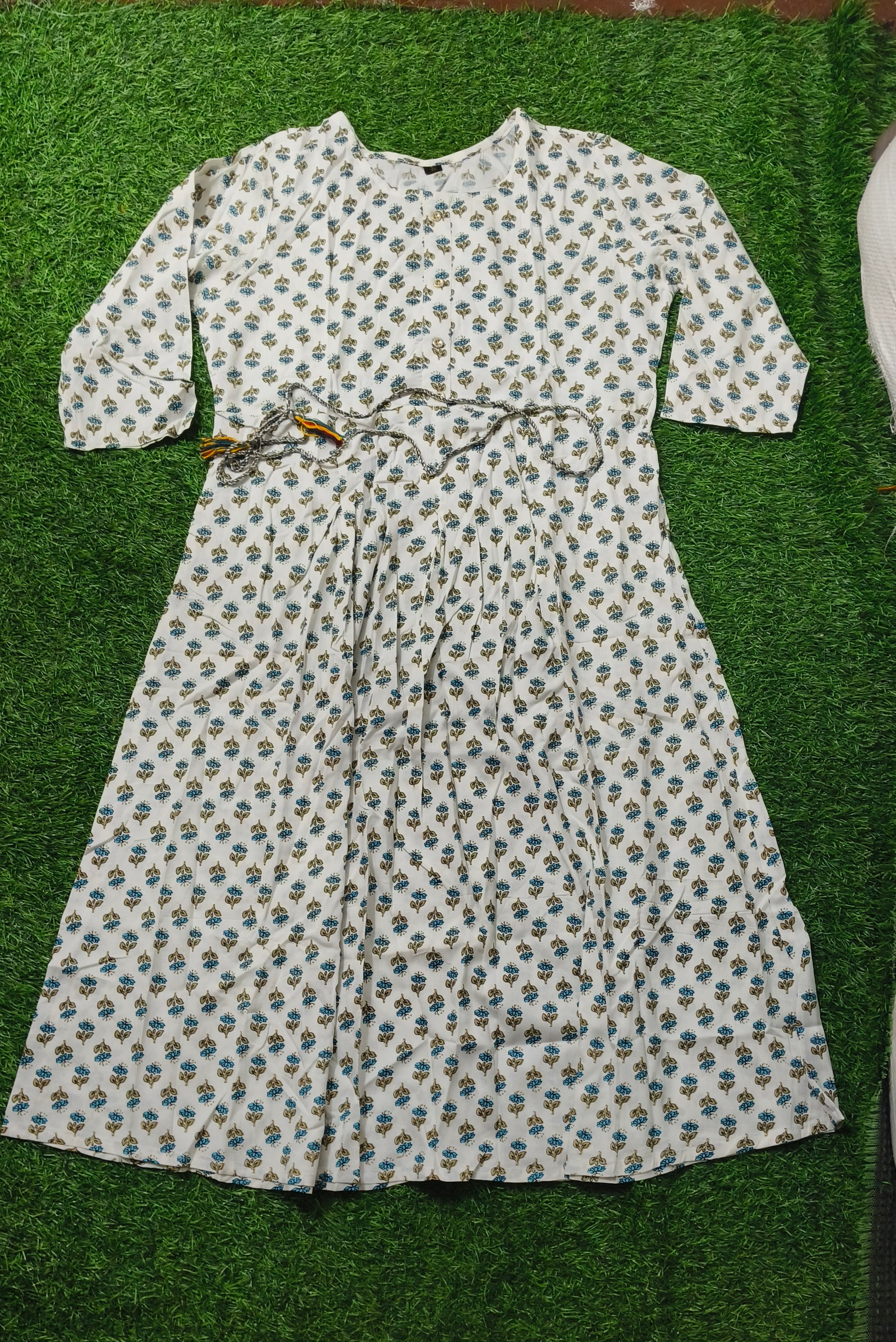 Off-White with Blue and Brown Floral Print Single Piece Kurti with Front Buttons and Waist Tie