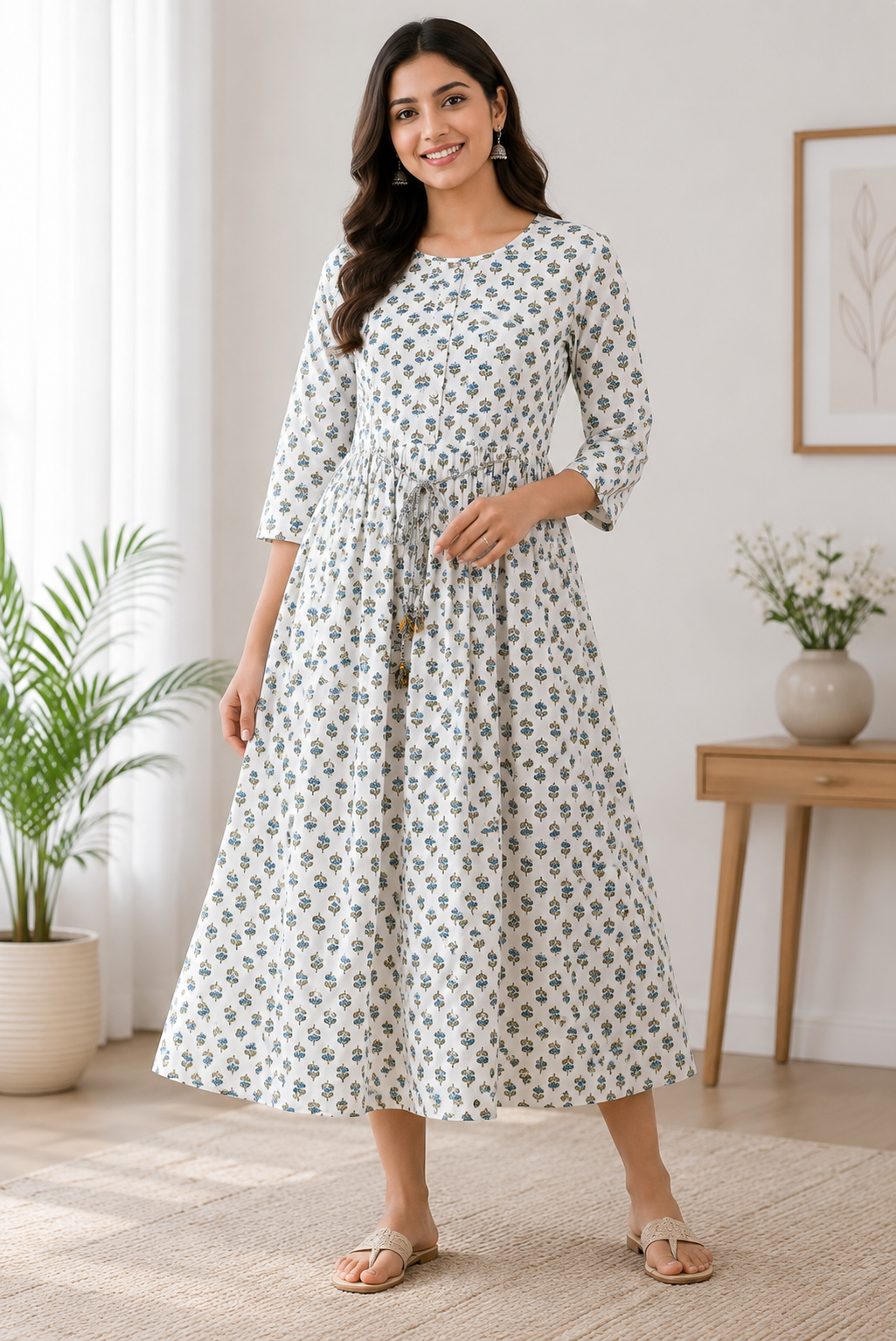 Off-White with Blue and Brown Floral Print Single Piece Kurti with Front Buttons and Waist Tie