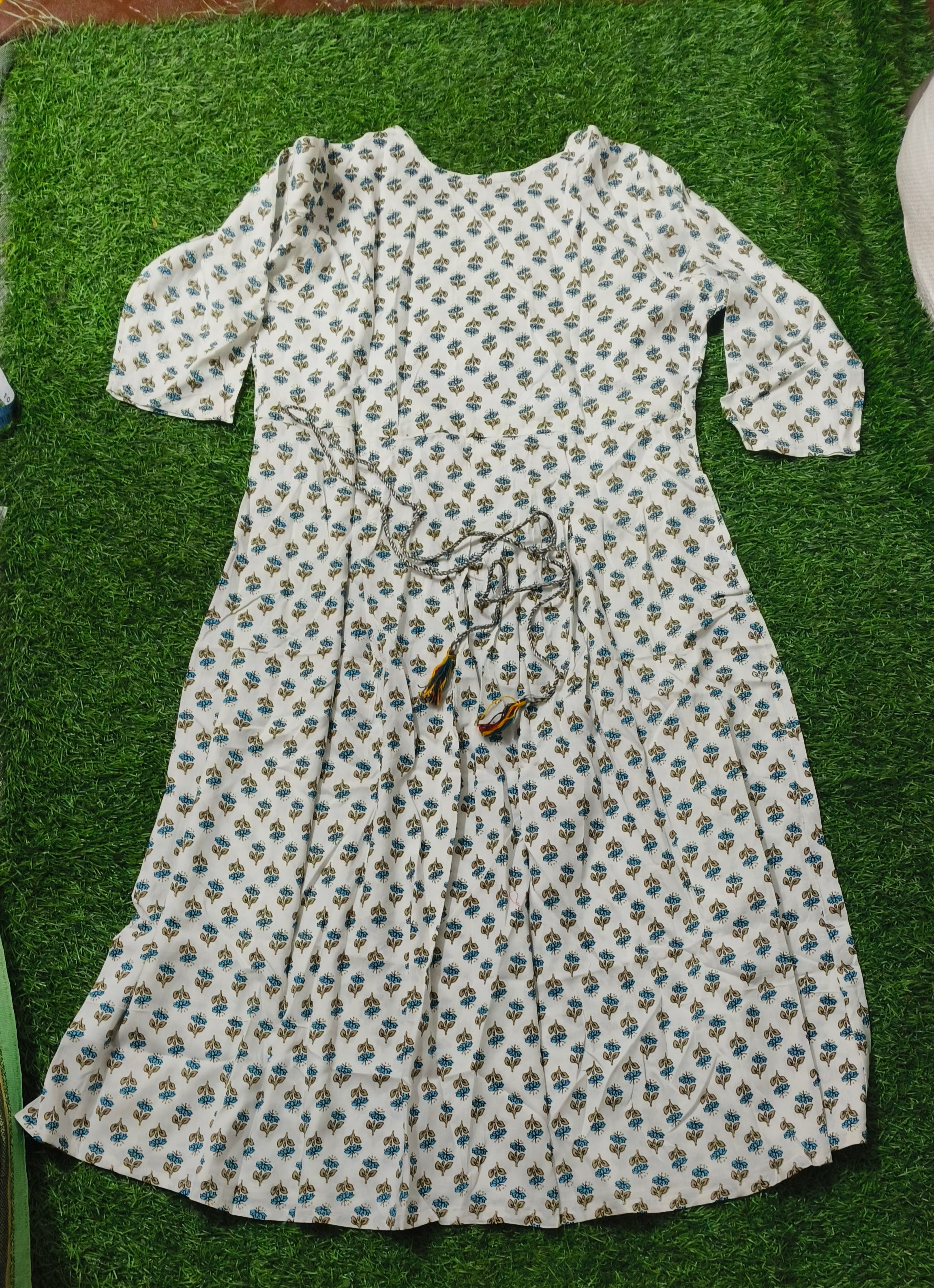 Off-White with Blue and Brown Floral Print Single Piece Kurti with Front Buttons and Waist Tie