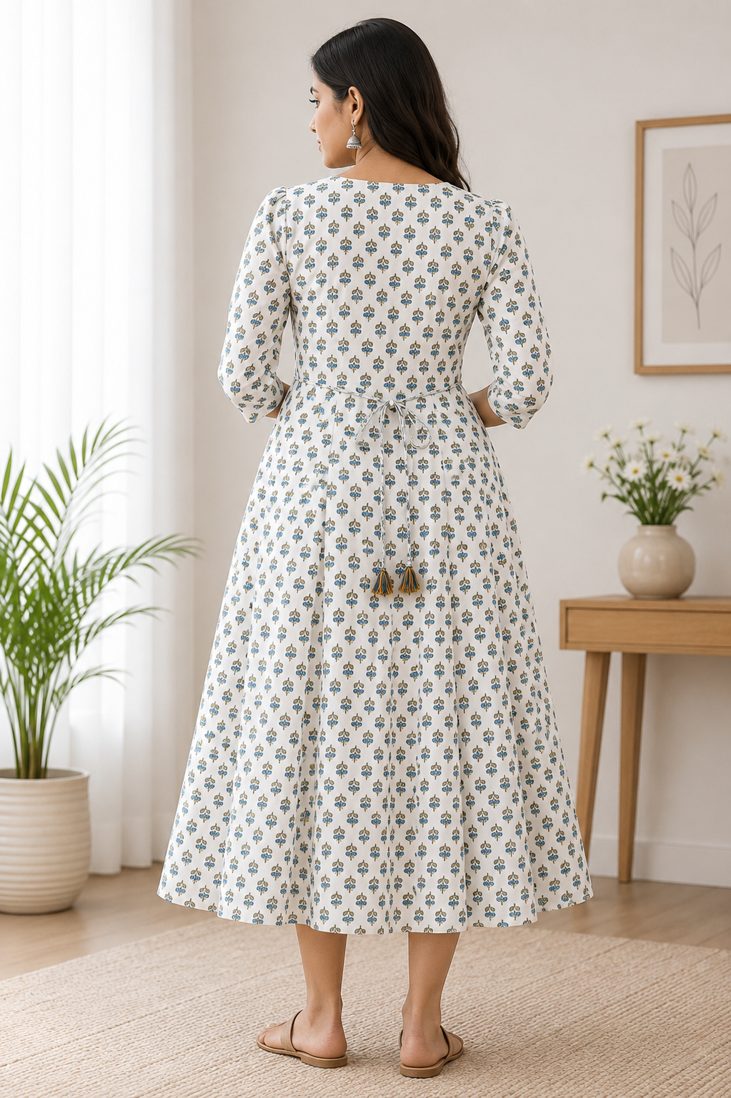 Off-White with Blue and Brown Floral Print Single Piece Kurti with Front Buttons and Waist Tie