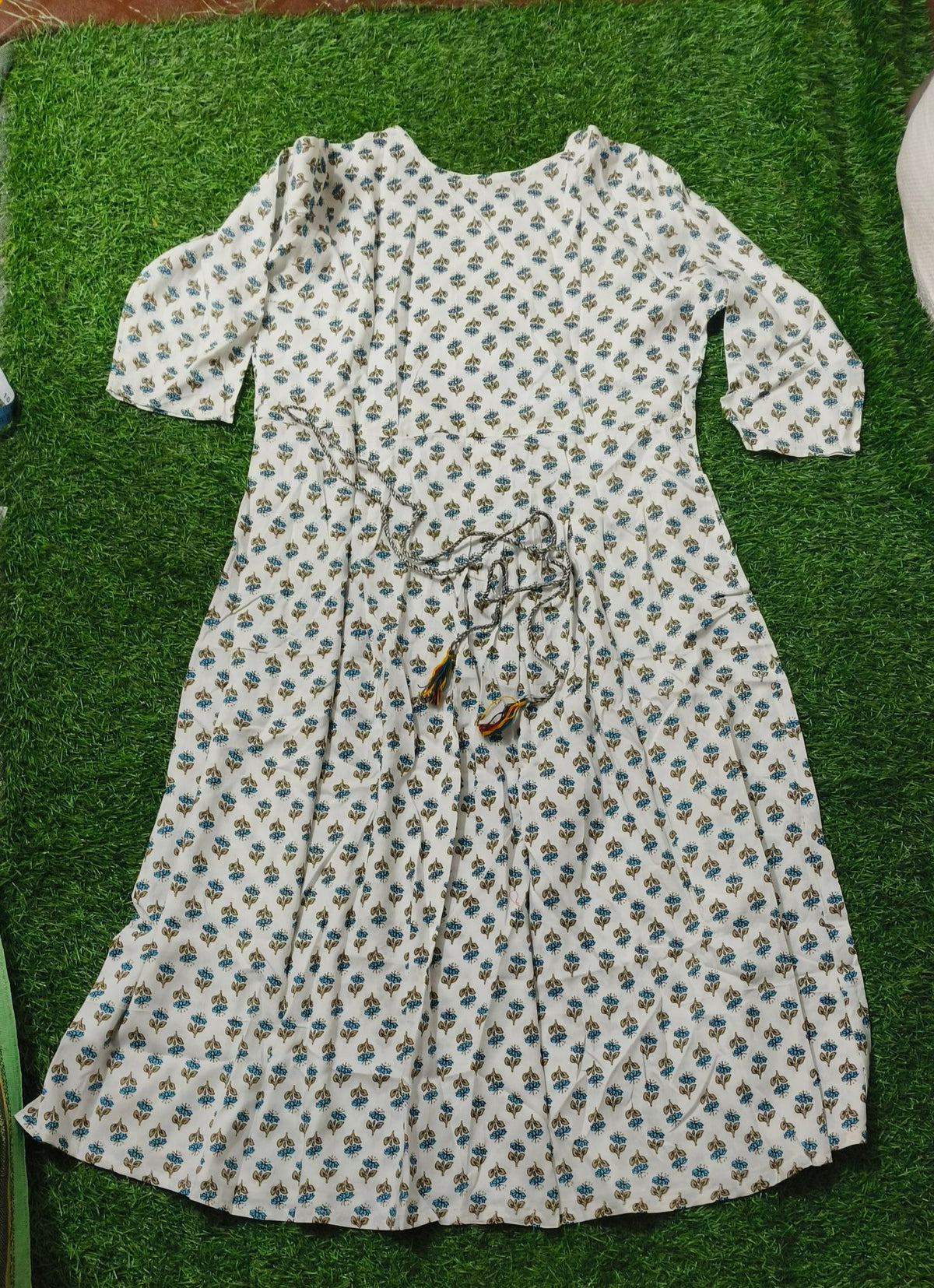 Off-White with Blue and Brown Floral Print Single Piece Kurti with Front Buttons and Waist Tie