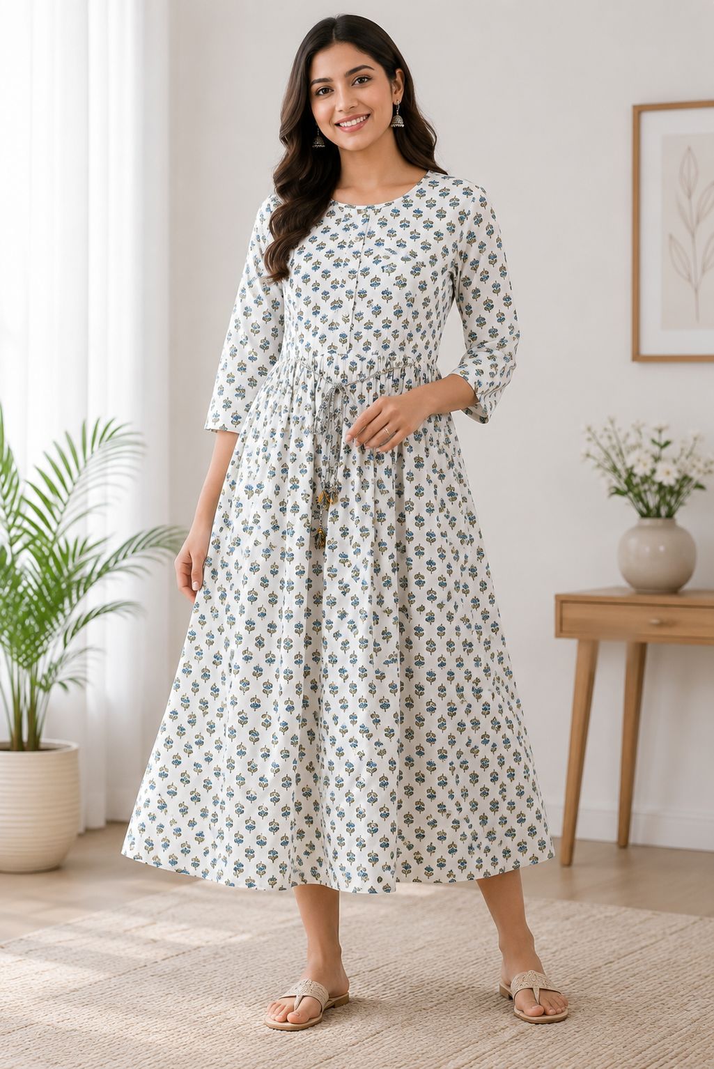Off-White with Blue and Brown Floral Print Single Piece Kurti with Front Buttons and Waist Tie
