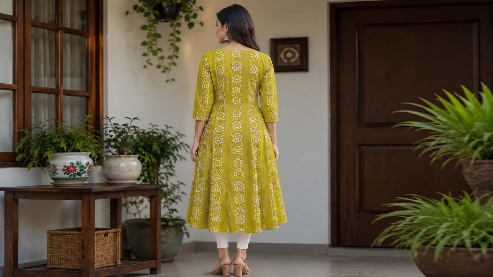 Elegant Dark olive & white green Printed Single Piece Kurti with Front Buttons and Waist Tie