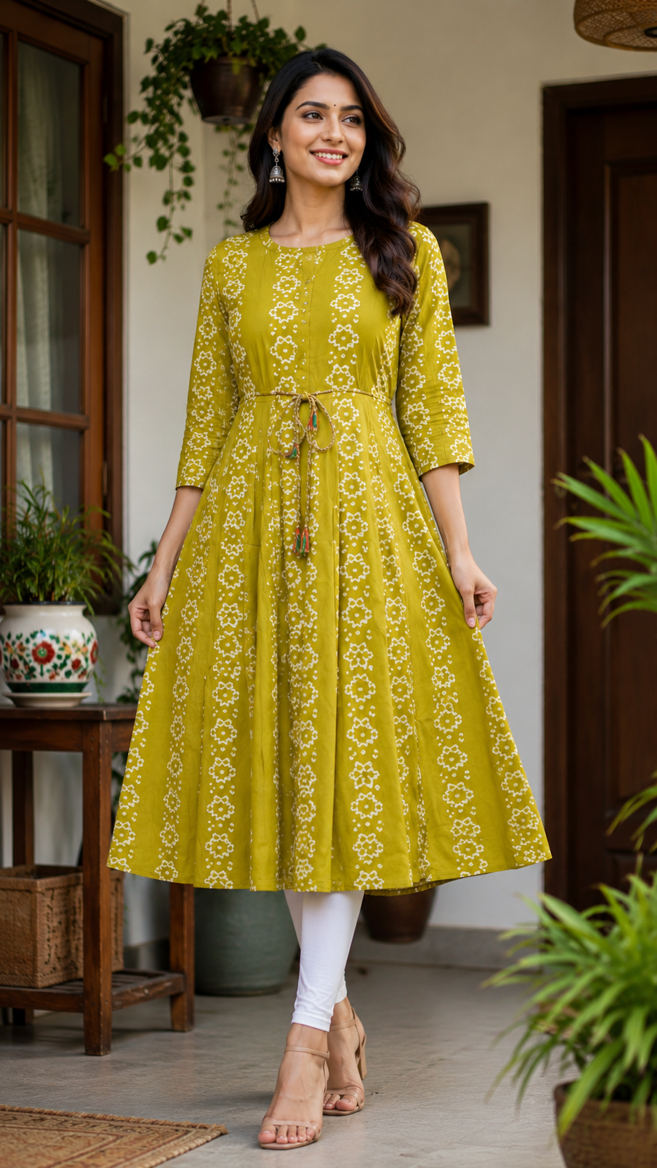 Elegant Dark olive & white green Printed Single Piece Kurti with Front Buttons and Waist Tie