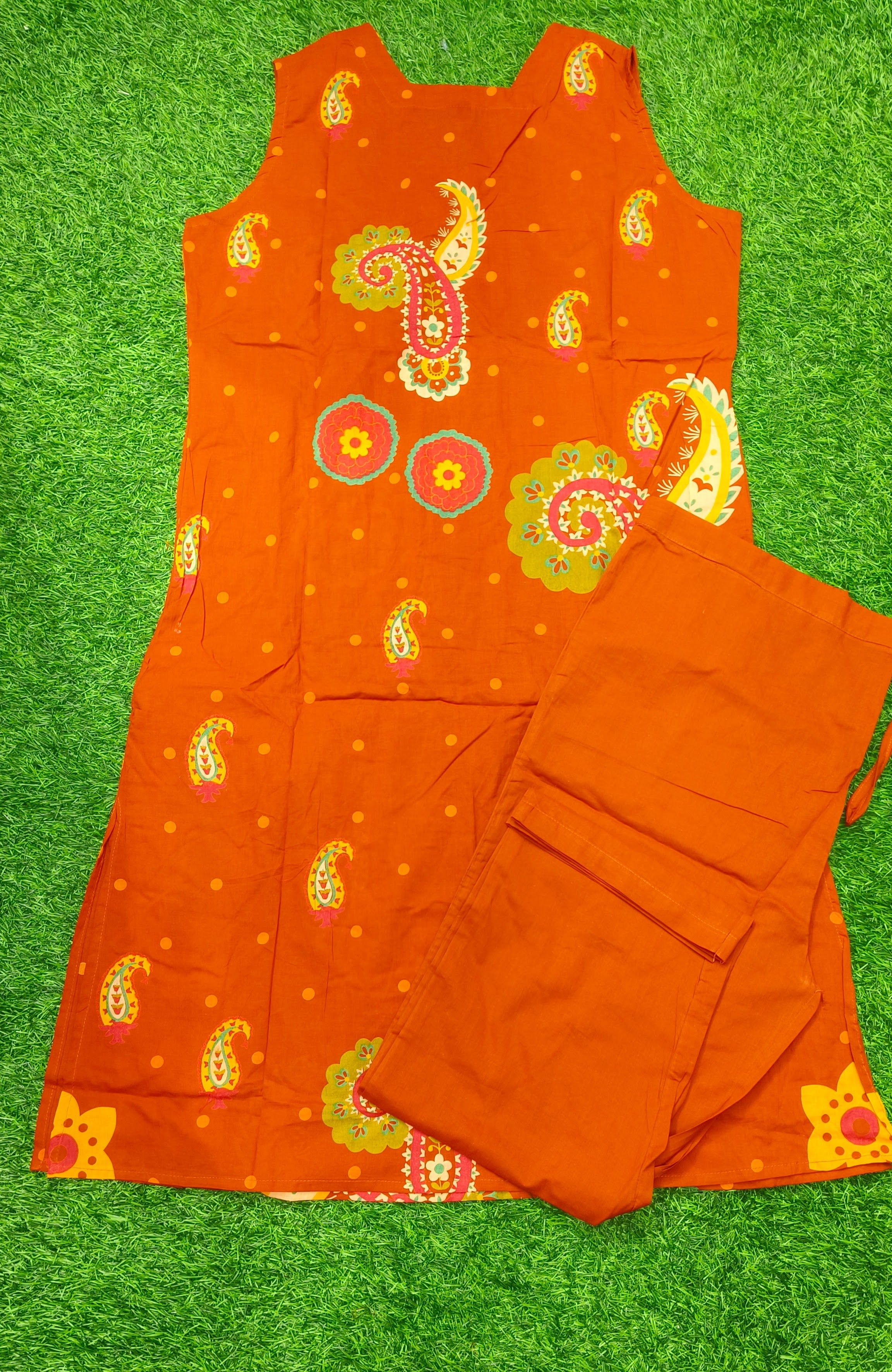 Vibrant Rust Red Printed Sleeveless 2-Piece Cotton Set
