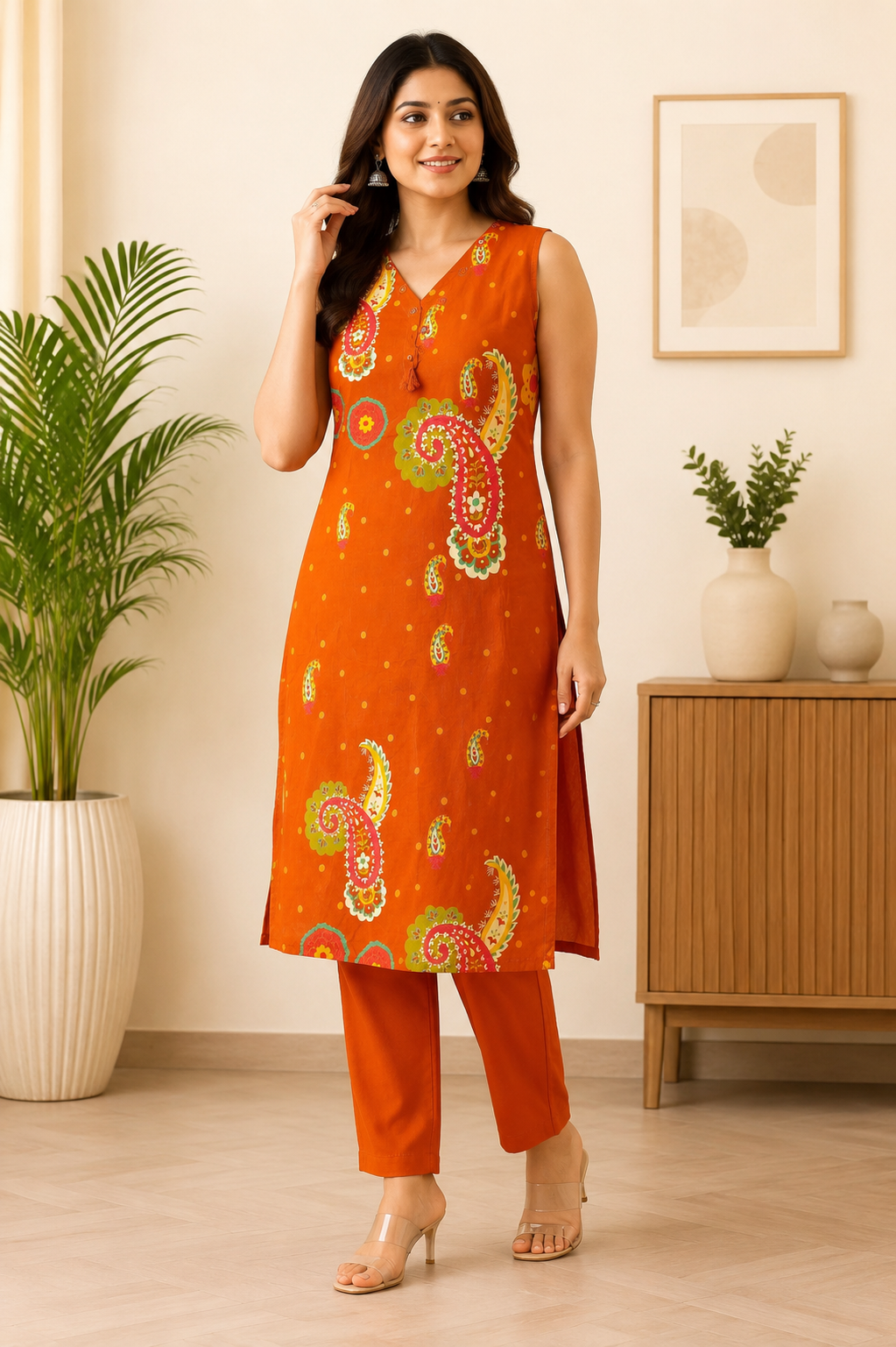 Vibrant Rust Red Printed Sleeveless 2-Piece Cotton Set