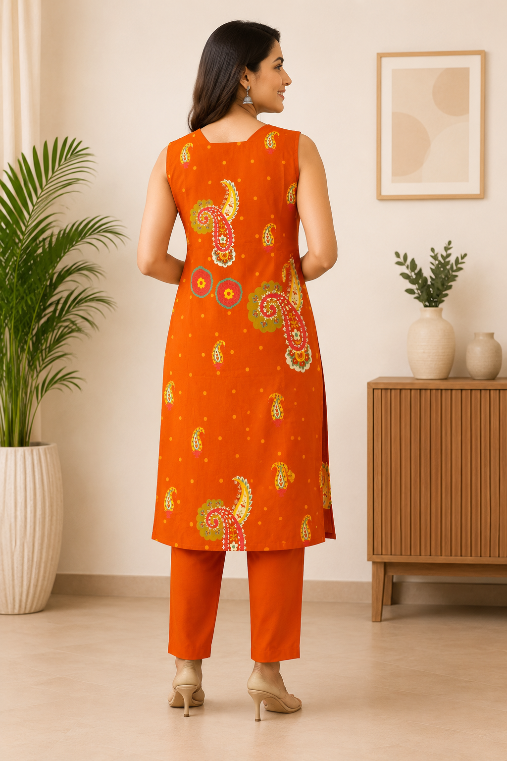 Vibrant Rust Red Printed Sleeveless 2-Piece Cotton Set