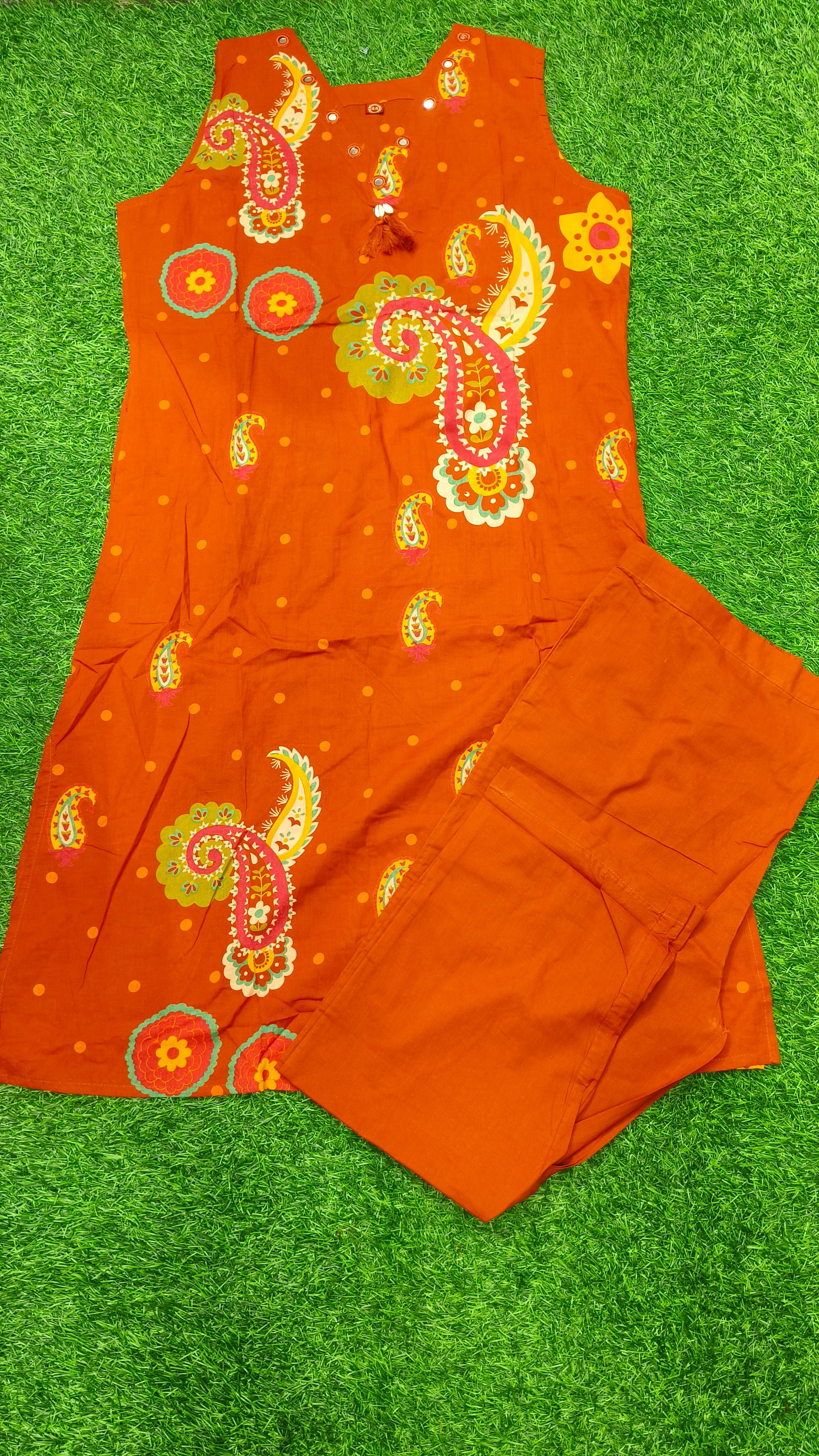 Vibrant Rust Red Printed Sleeveless 2-Piece Cotton Set