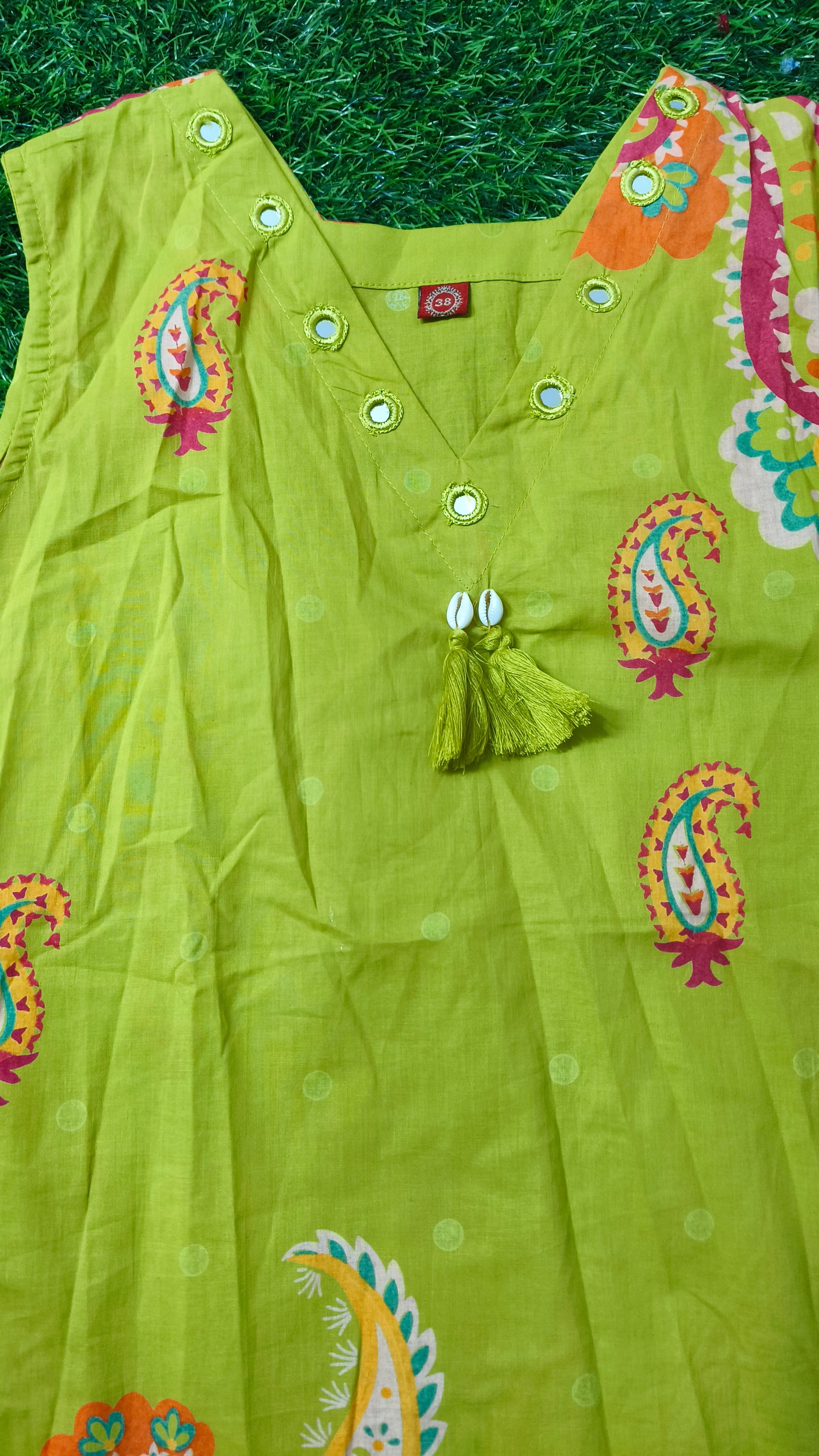 Vibrant Olive Green Printed Sleeveless 2-Piece Cotton Set