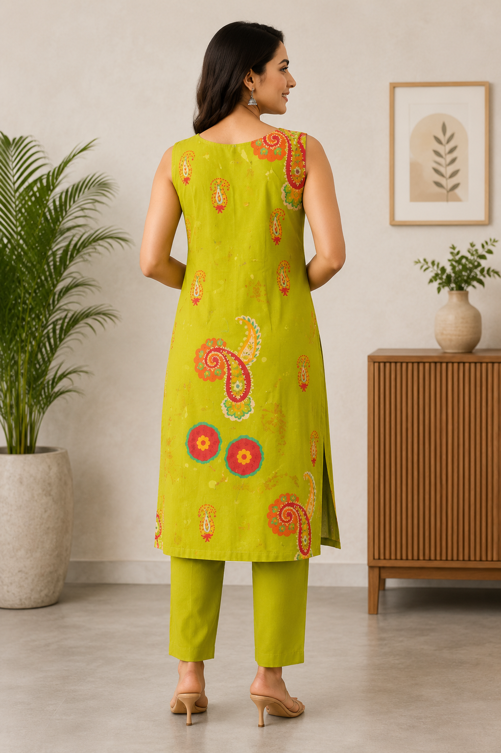 Vibrant Olive Green Printed Sleeveless 2-Piece Cotton Set