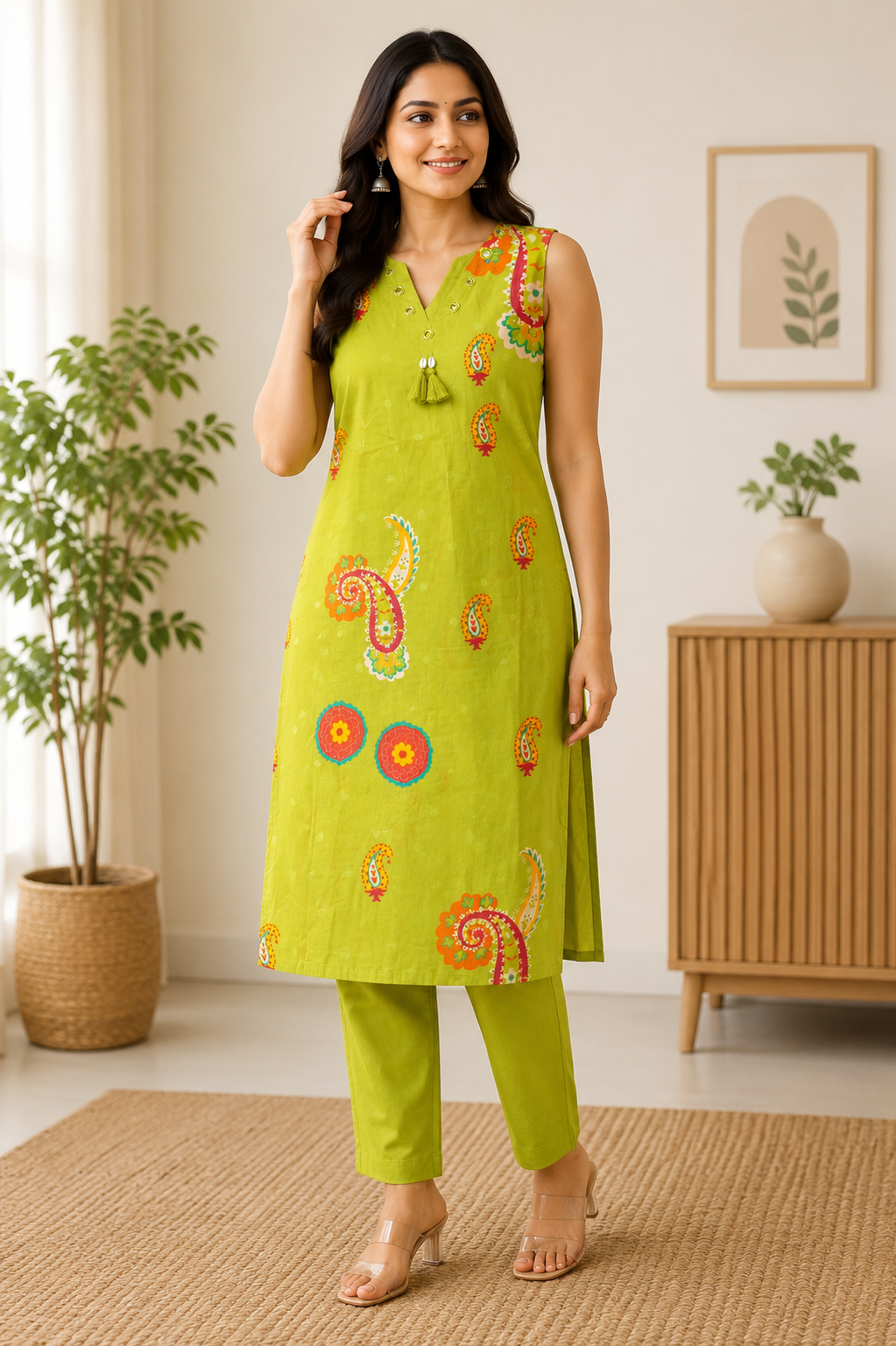 Vibrant Olive Green Printed Sleeveless 2-Piece Cotton Set