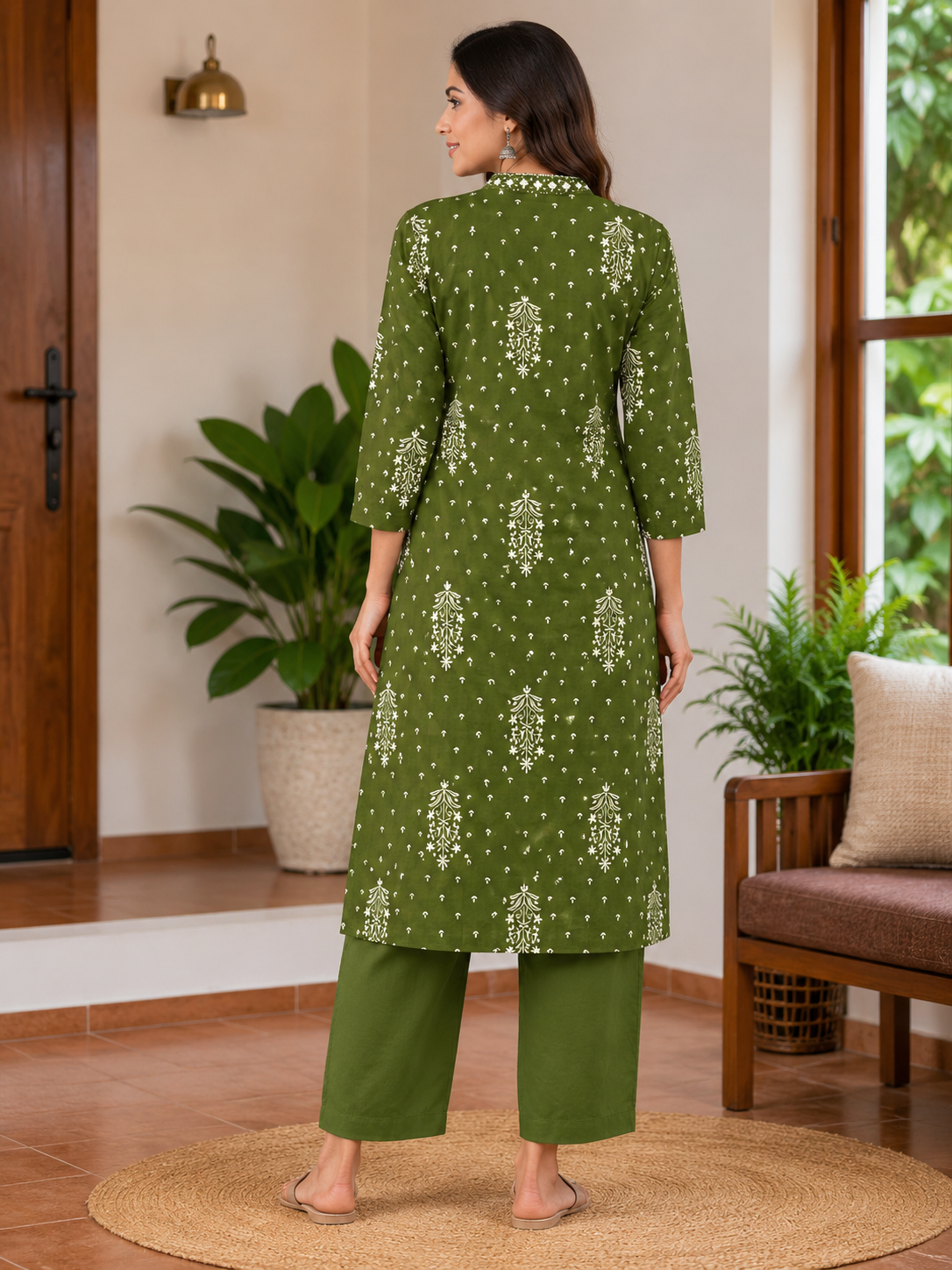 Elegant Olive Green Block-Print Style Sleeveless 2-Piece Cotton Set