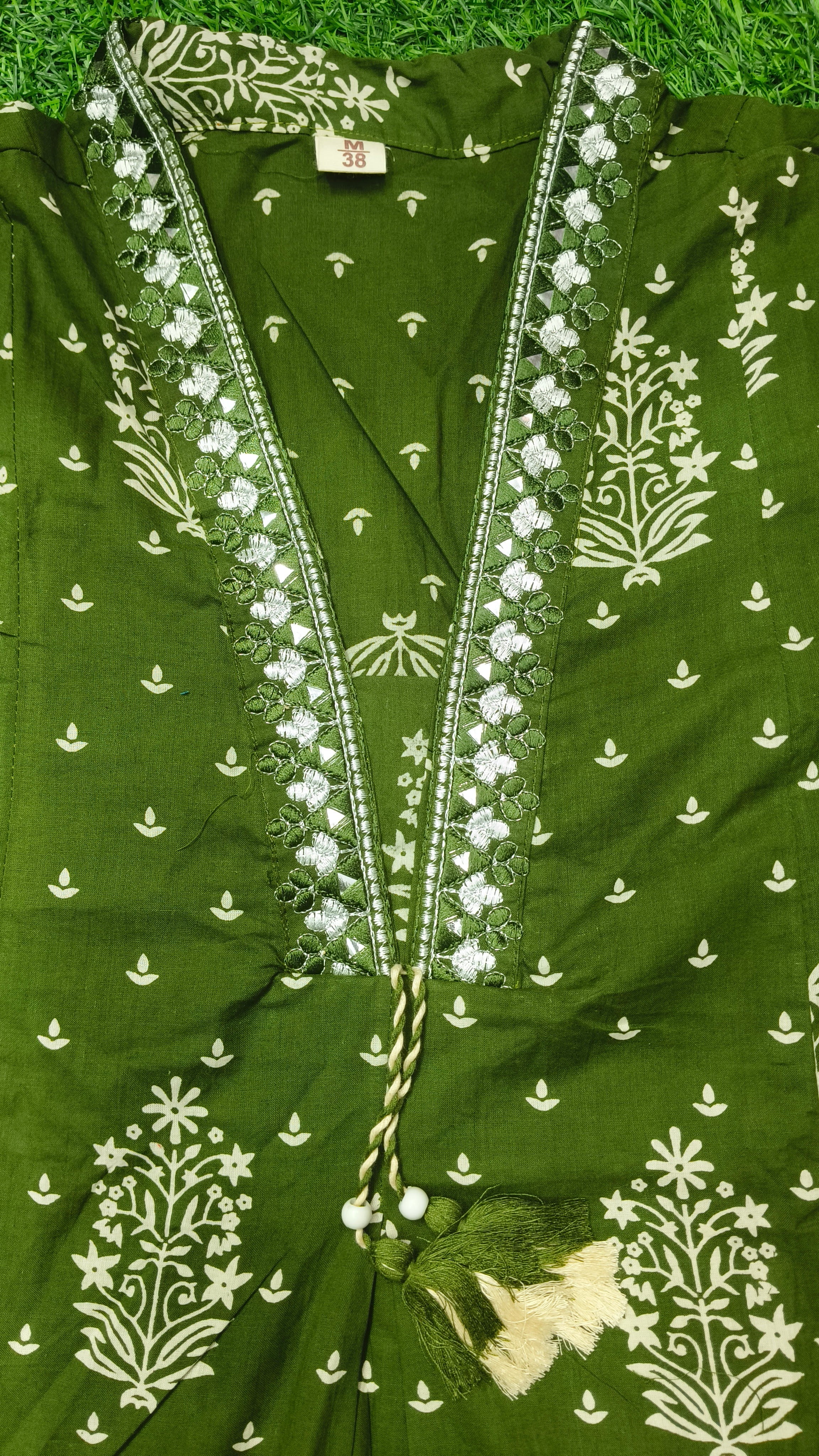 Elegant Olive Green Block-Print Style Sleeveless 2-Piece Cotton Set