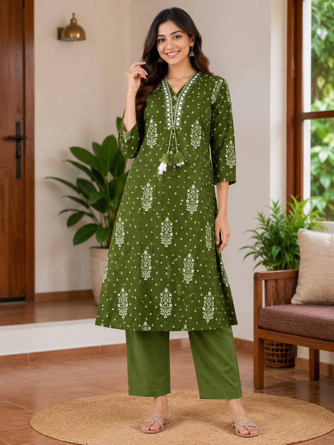 Elegant Olive Green Block-Print Style Sleeveless 2-Piece Cotton Set