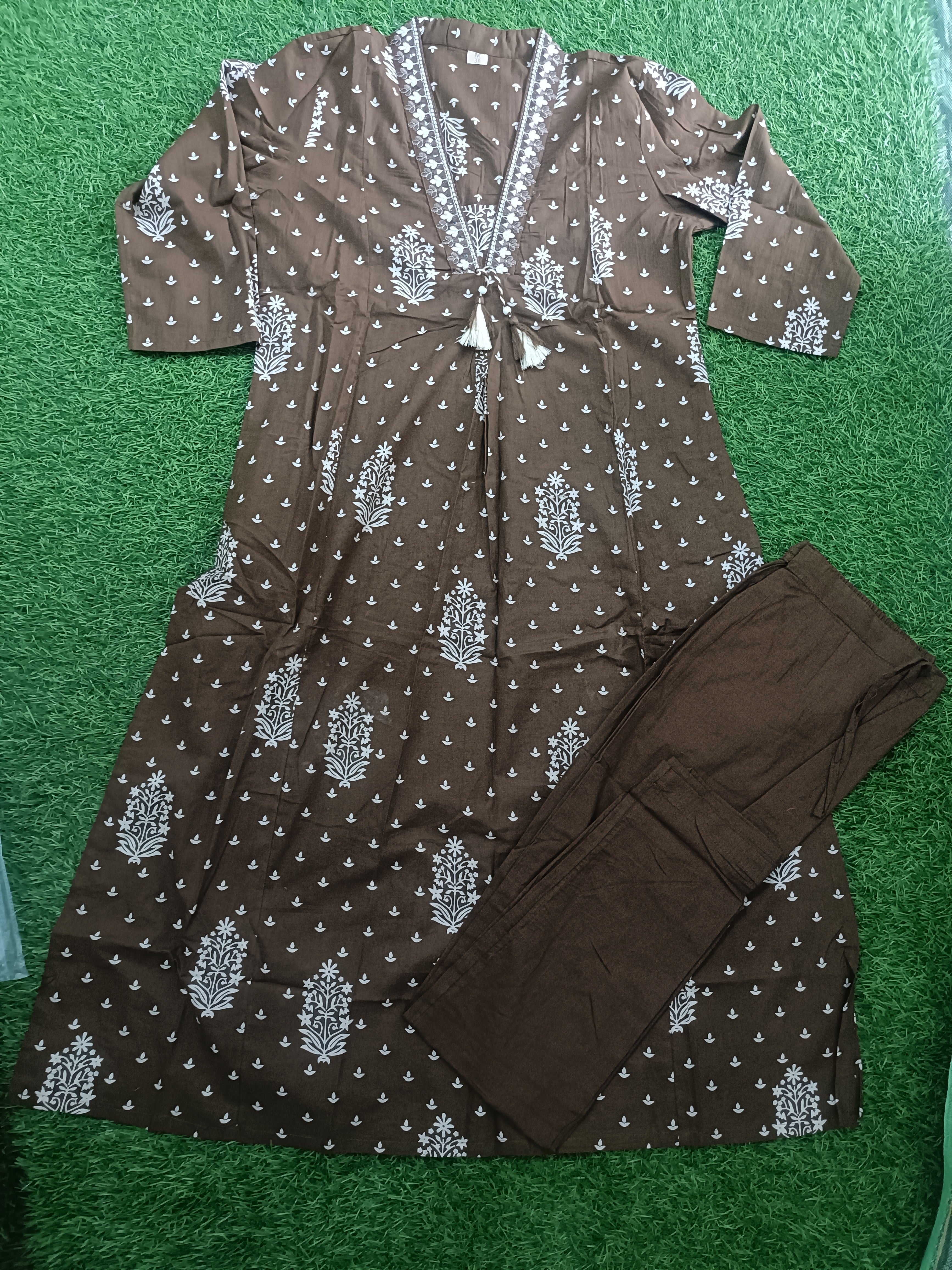 Elegant Brown and White Block-Print Style Cotton 2-Piece Kurti Set