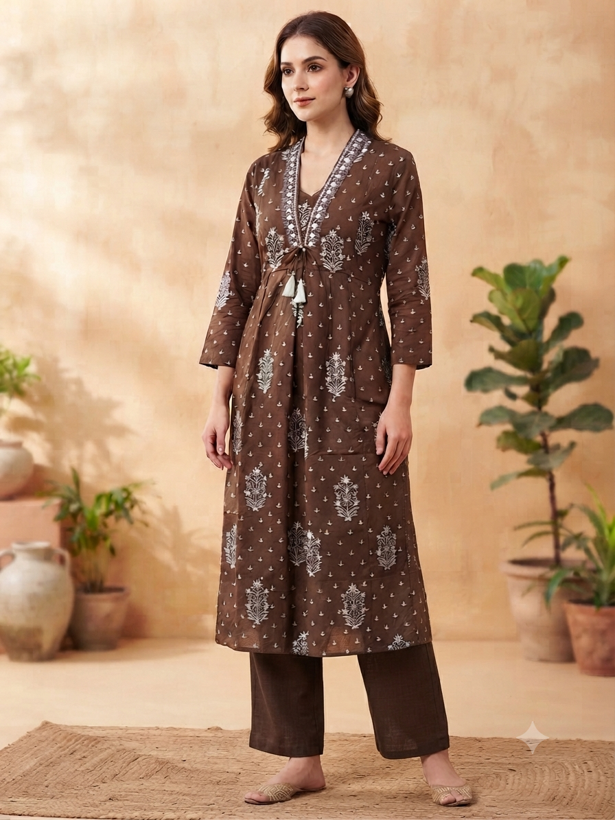 Elegant Brown and White Block-Print Style Cotton 2-Piece Kurti Set