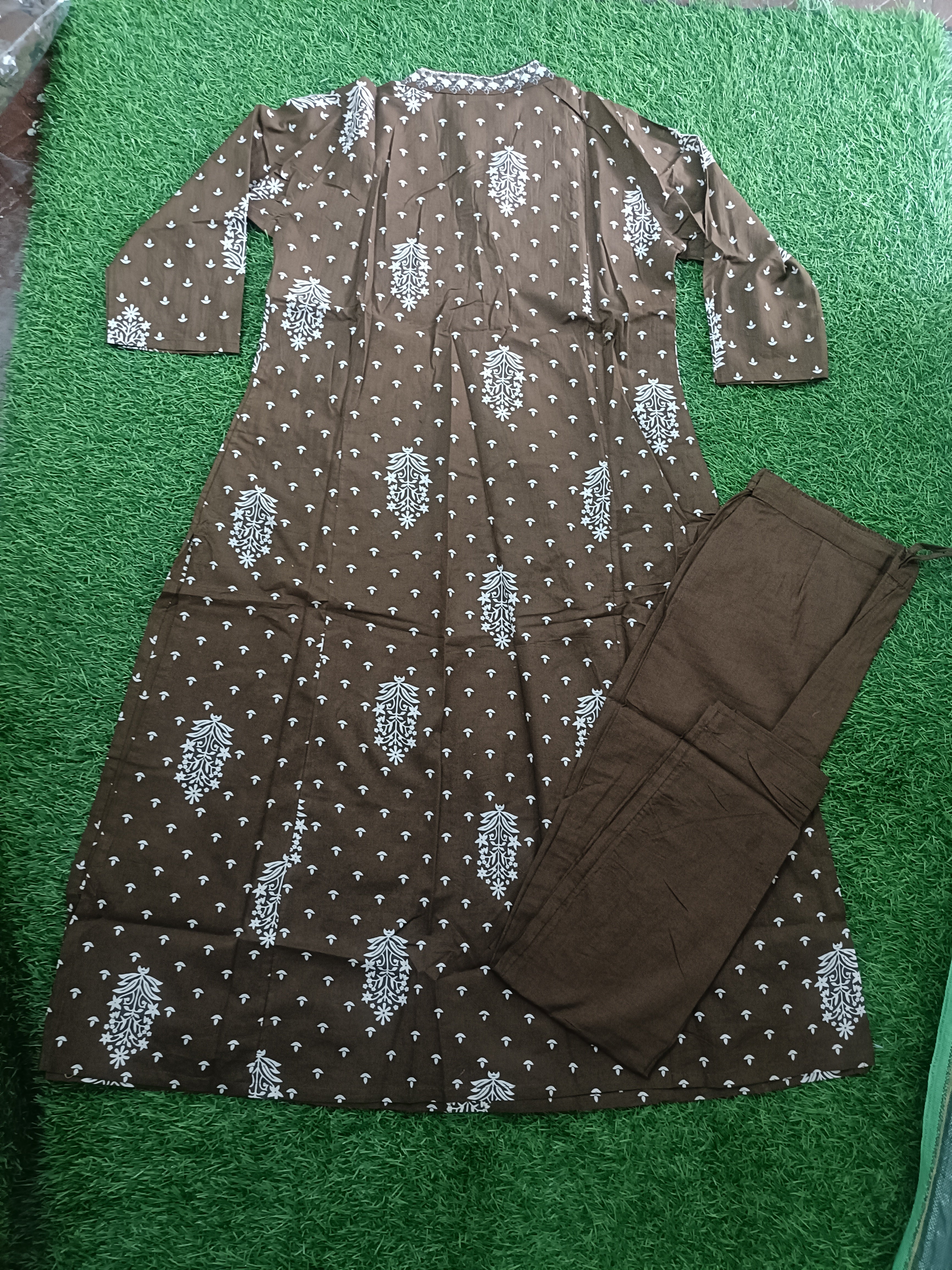 Elegant Brown and White Block-Print Style Cotton 2-Piece Kurti Set