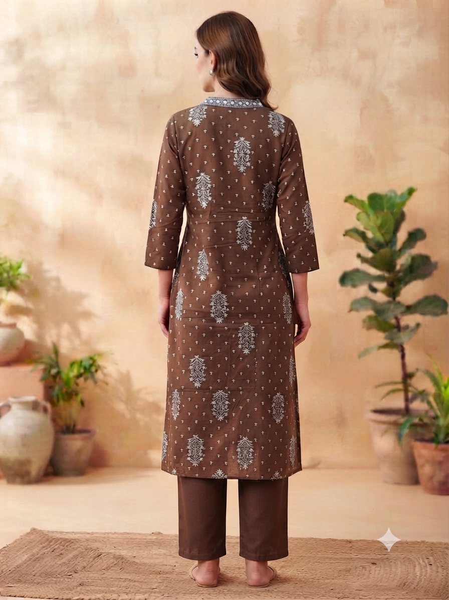 Elegant Brown and White Block-Print Style Cotton 2-Piece Kurti Set