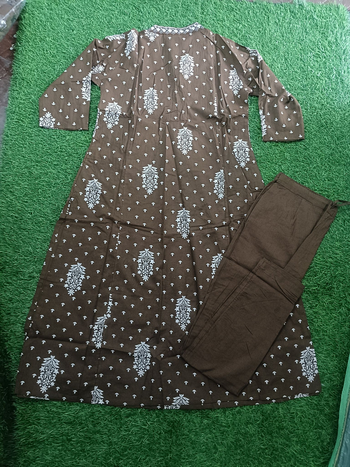 Elegant Brown and White Block-Print Style Cotton 2-Piece Kurti Set