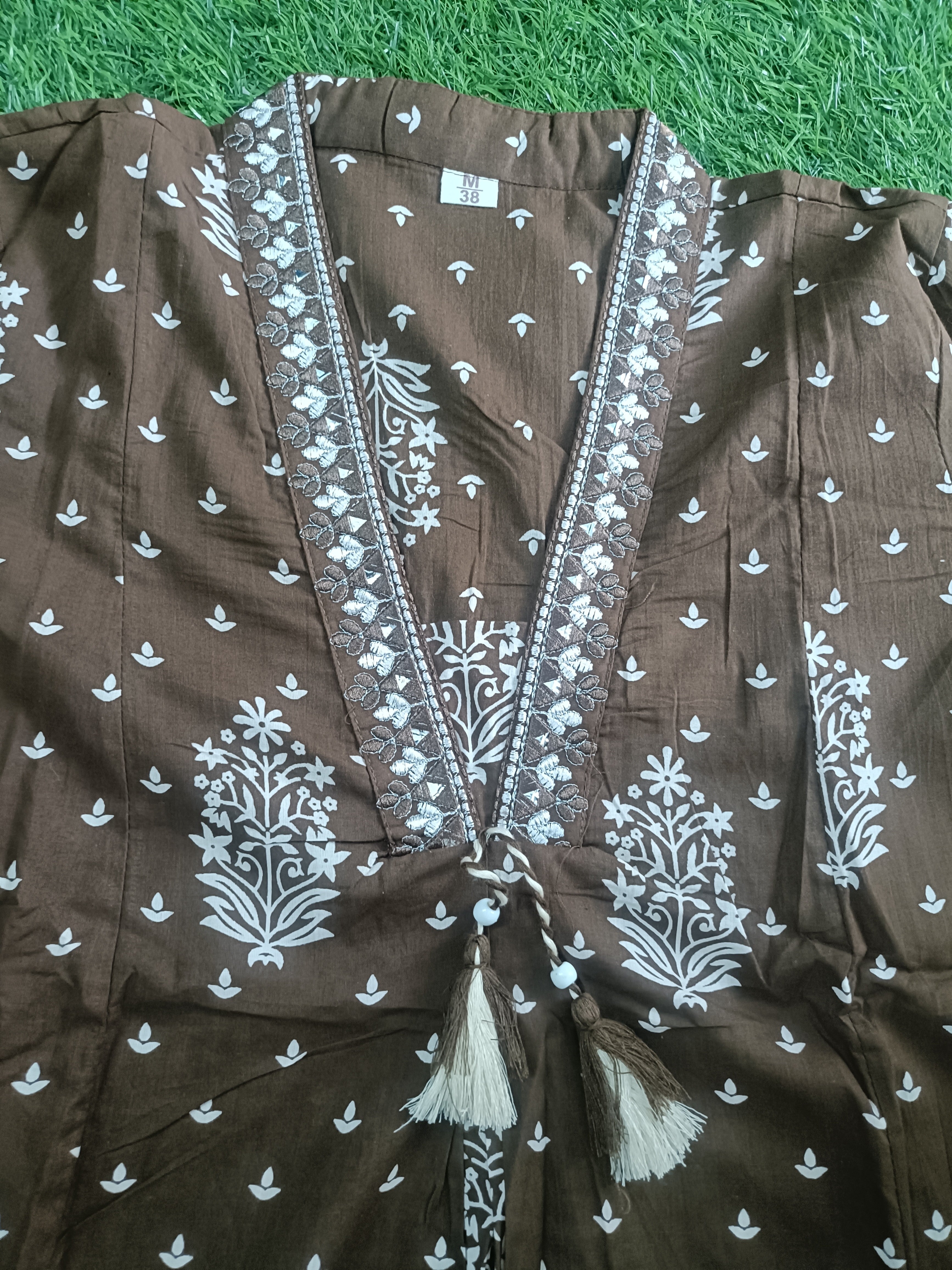 Elegant Brown and White Block-Print Style Cotton 2-Piece Kurti Set