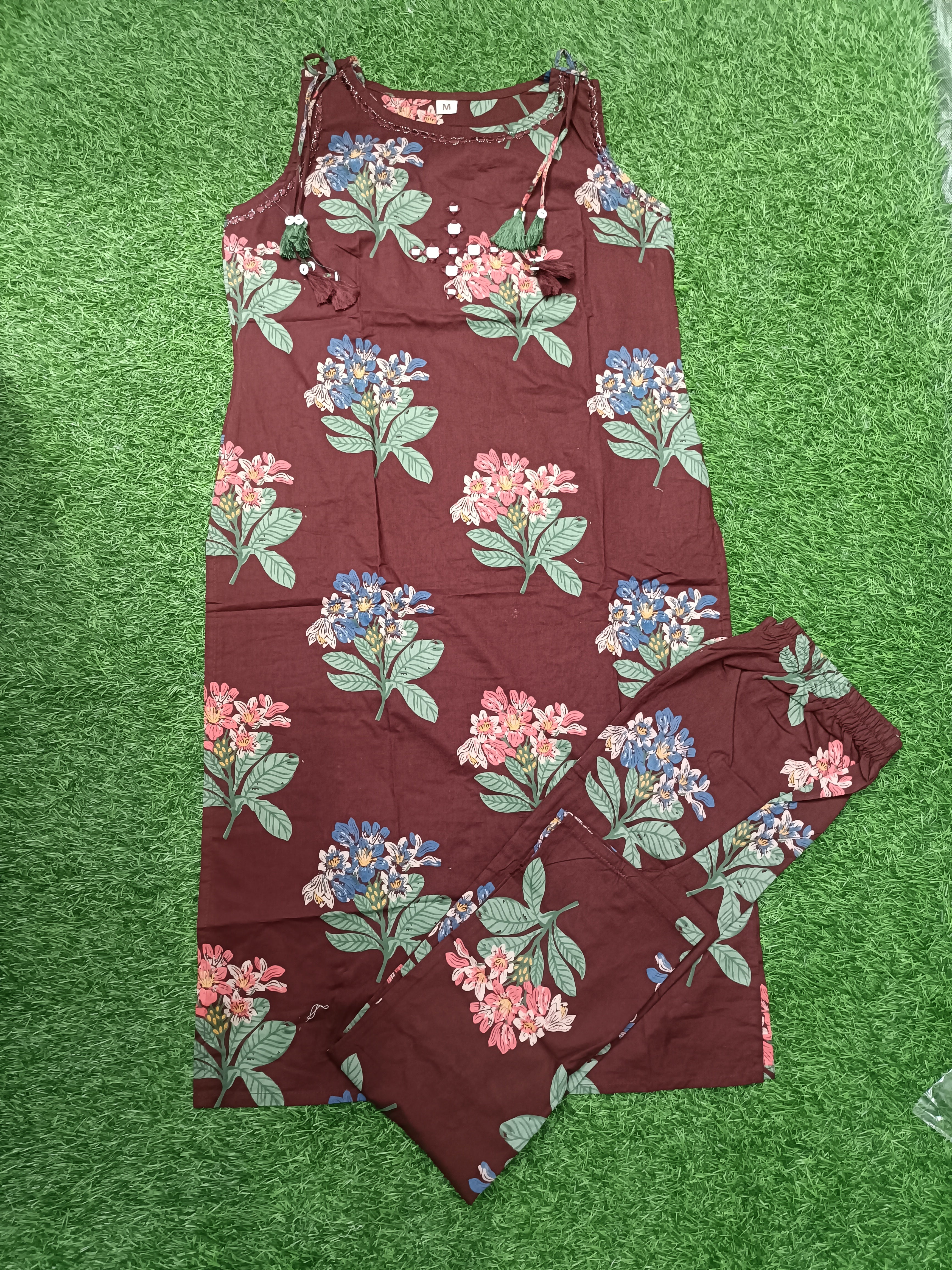 Vibrant Maroon Floral Printed Sleeveless 2-Piece Cotton Set