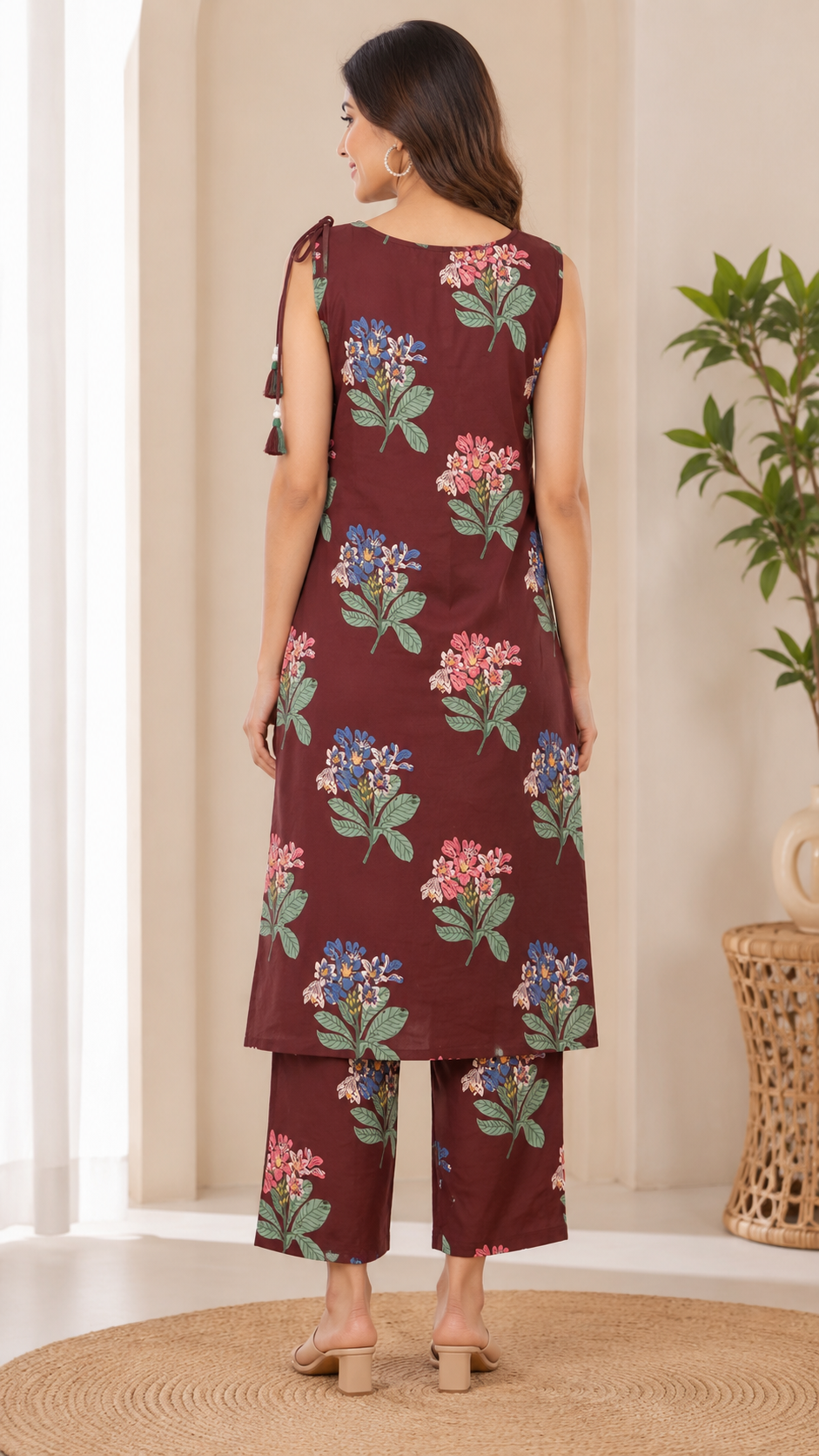 Vibrant Maroon Floral Printed Sleeveless 2-Piece Cotton Set