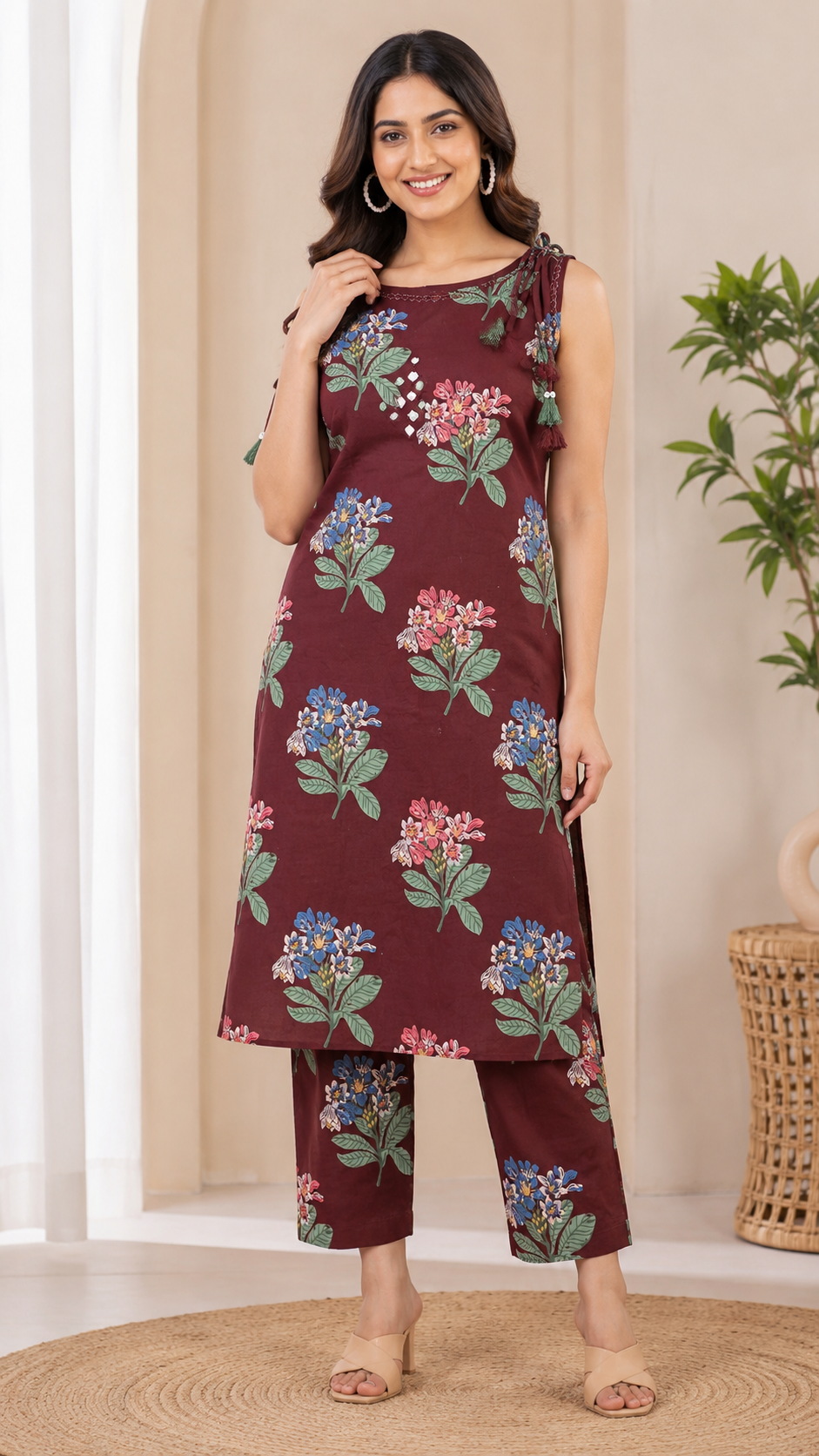 Vibrant Maroon Floral Printed Sleeveless 2-Piece Cotton Set