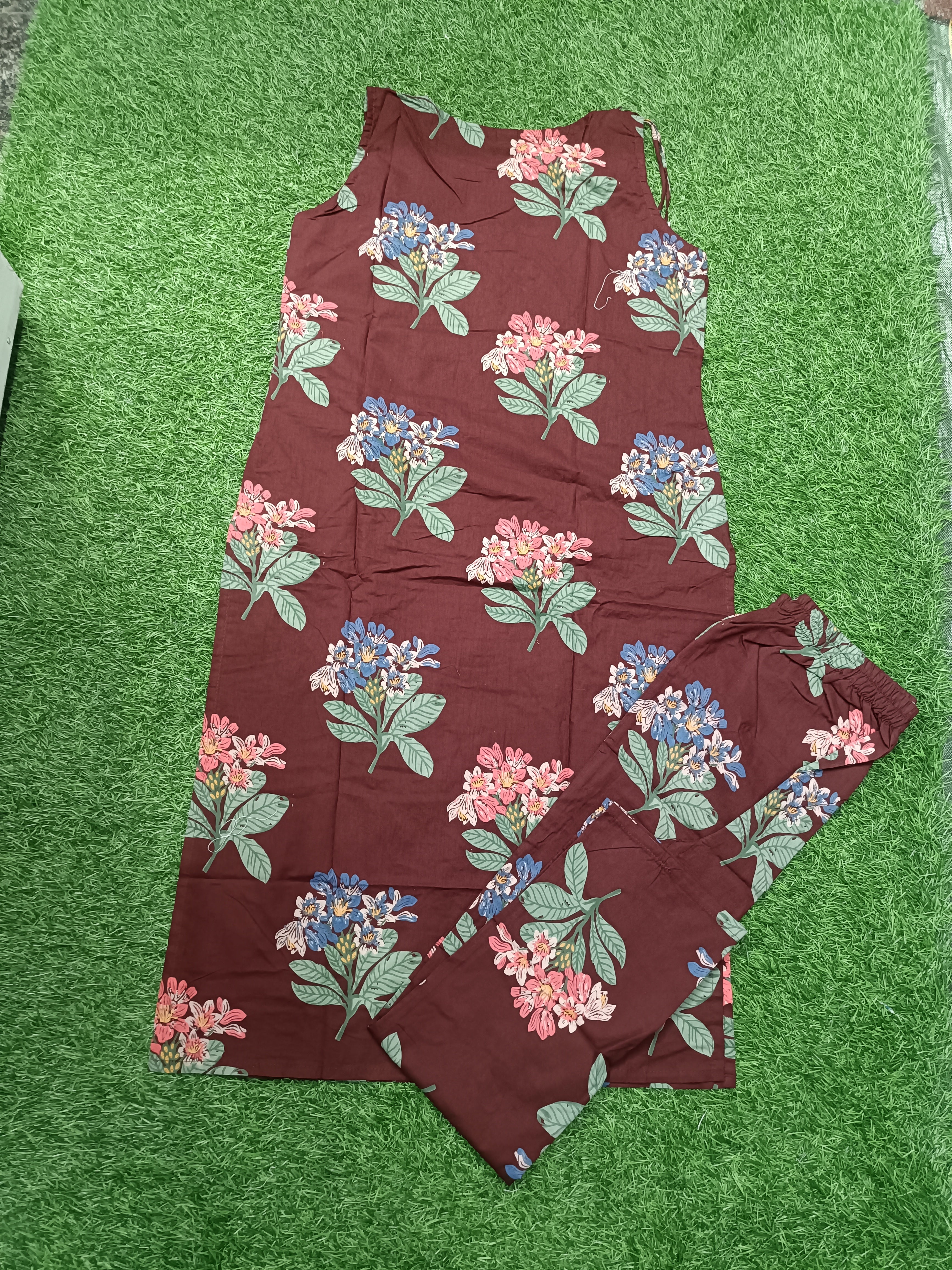 Vibrant Maroon Floral Printed Sleeveless 2-Piece Cotton Set
